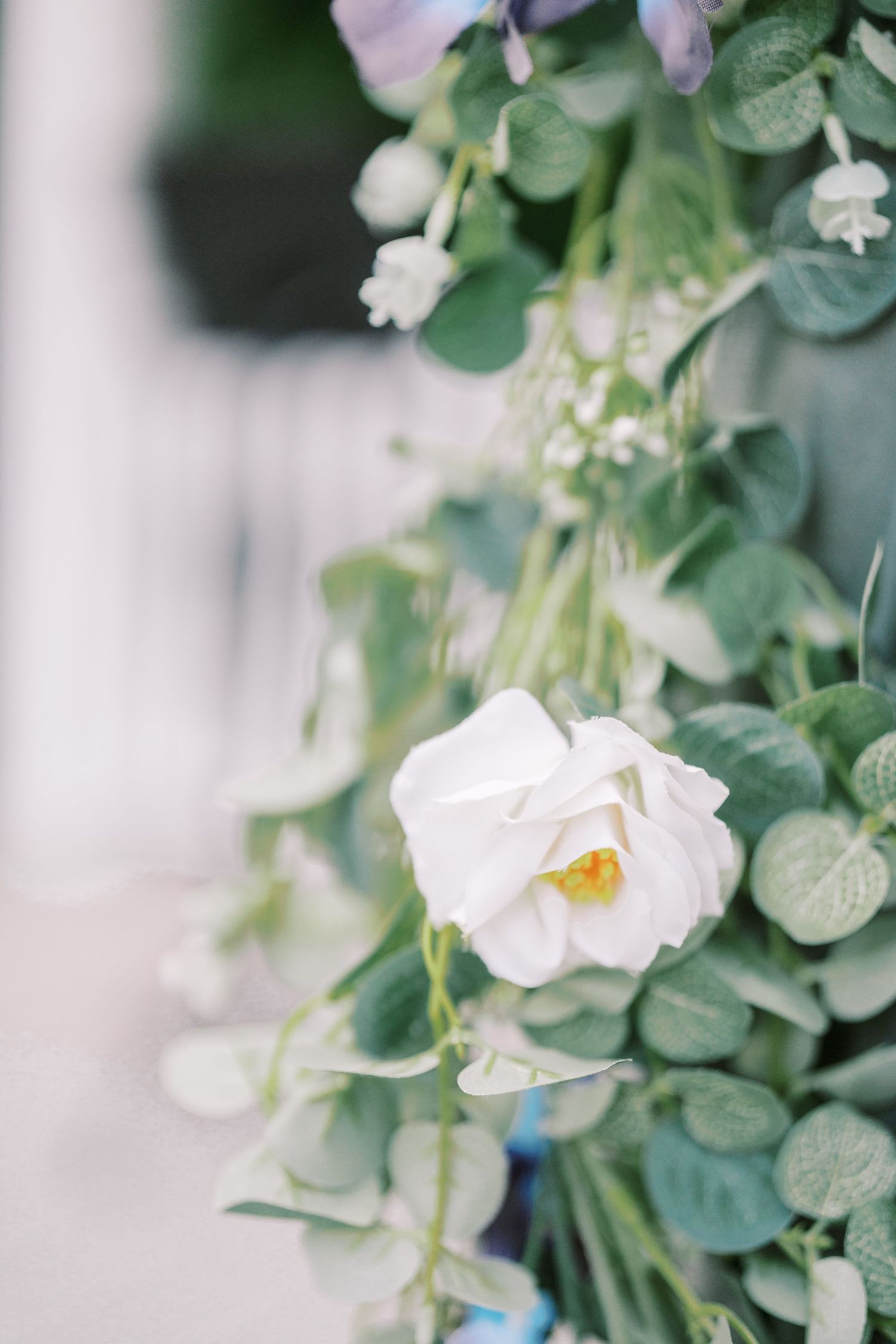 Delicate white roses and green eucalyptus leaves create an elegant floral arrangement with soft, dreamy bokeh effect.