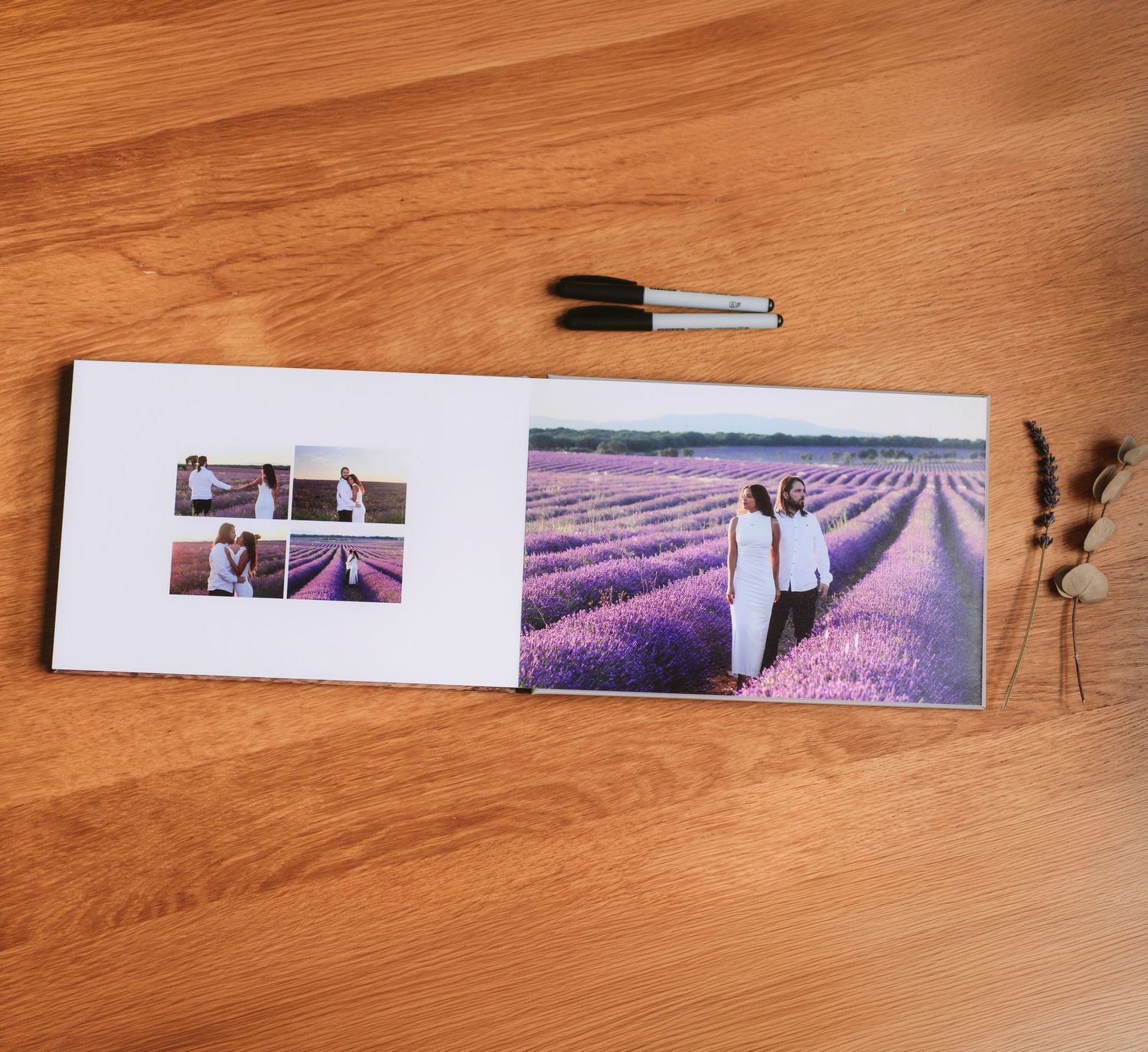 Diseño interior del álbum con fotografías impresas y amplios espacios en blanco para escribir