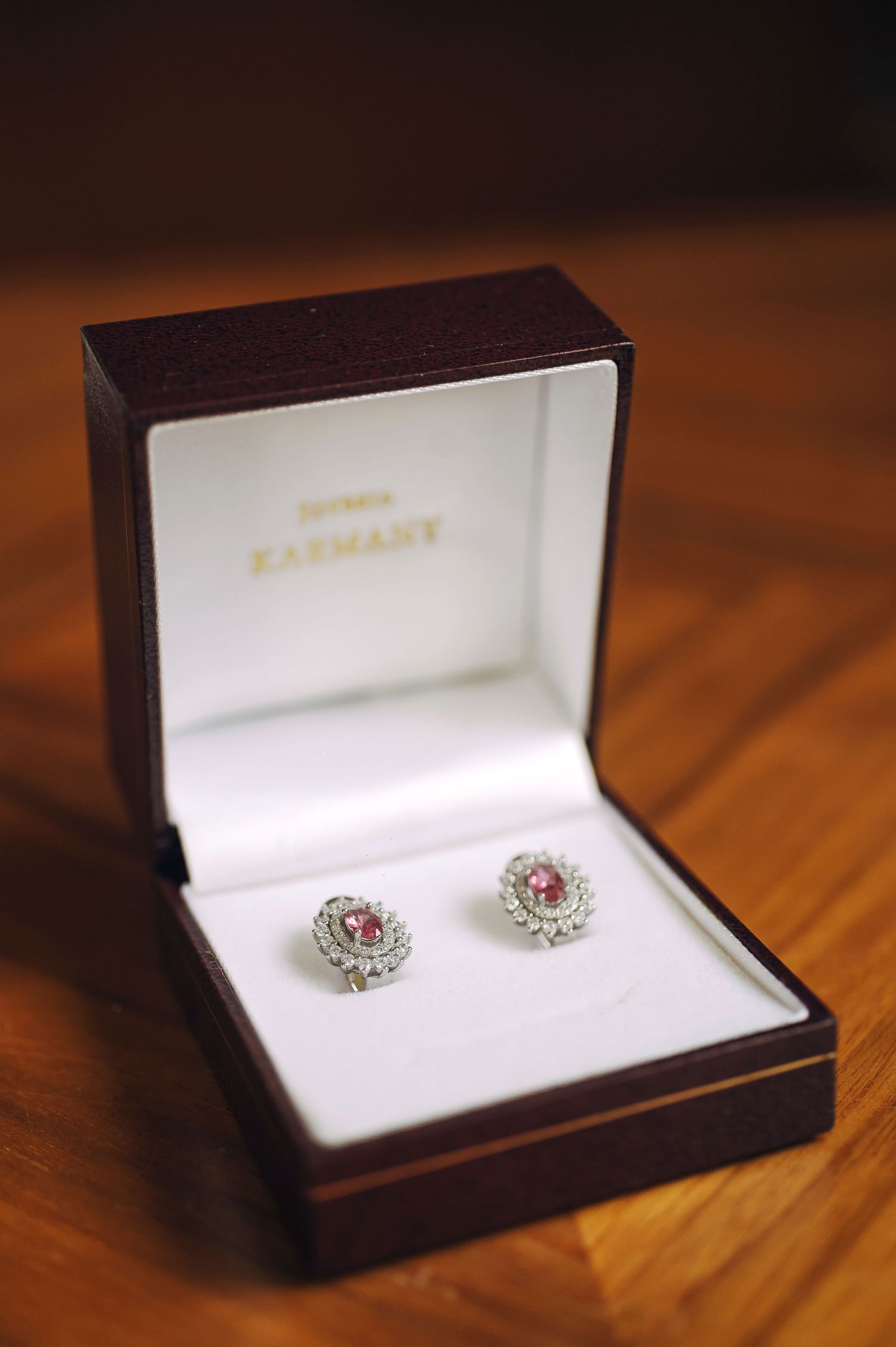 Fotografía de pendientes redondos tipo botón con pavé de diamantes en oro blanco y rubí,.