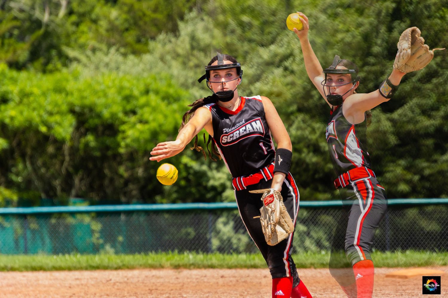 A double exposure image of a softball player pitching.