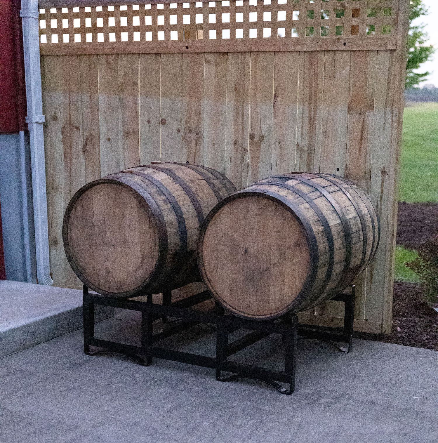 Two wooden whiskey barrels on black metal racks sit against a latticed fence outdoors.