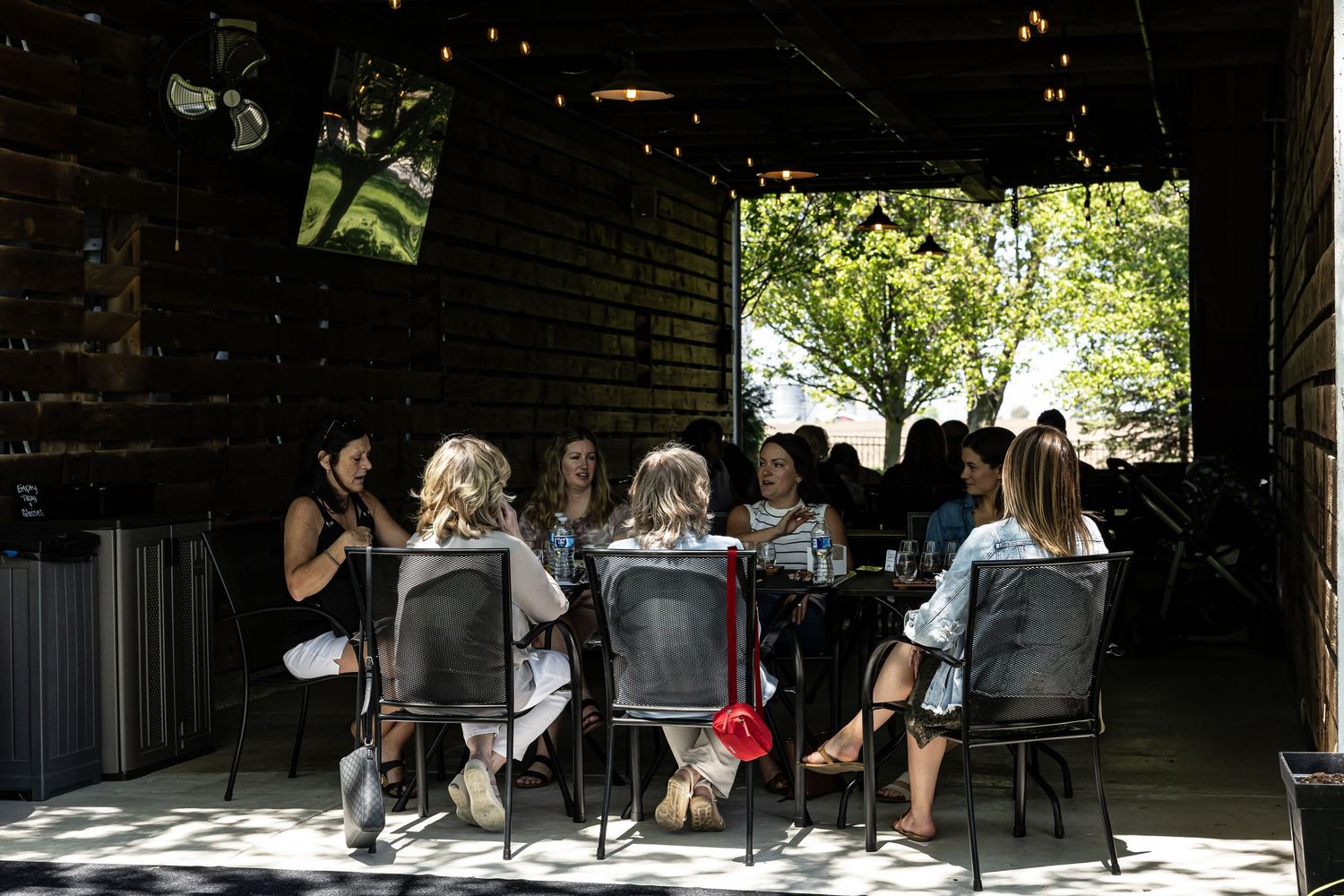 A group sits together at an outdoor patio table enjoying a sunny afternoon in dappled shade.