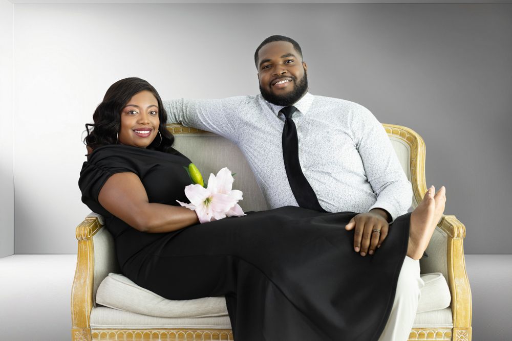 A collection of intimate wedding photos shows couples posing on a beige couch against a gray studio backdrop.