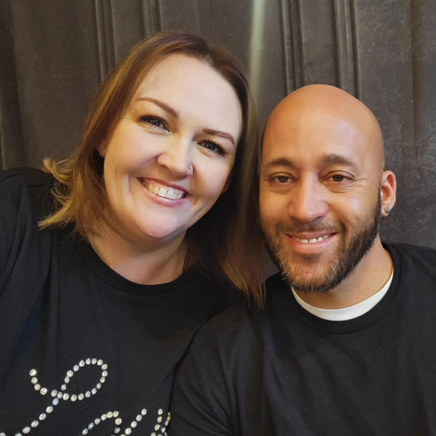 A couple takes selfies together showing various poses and facial expressions in a series of connected photos.
