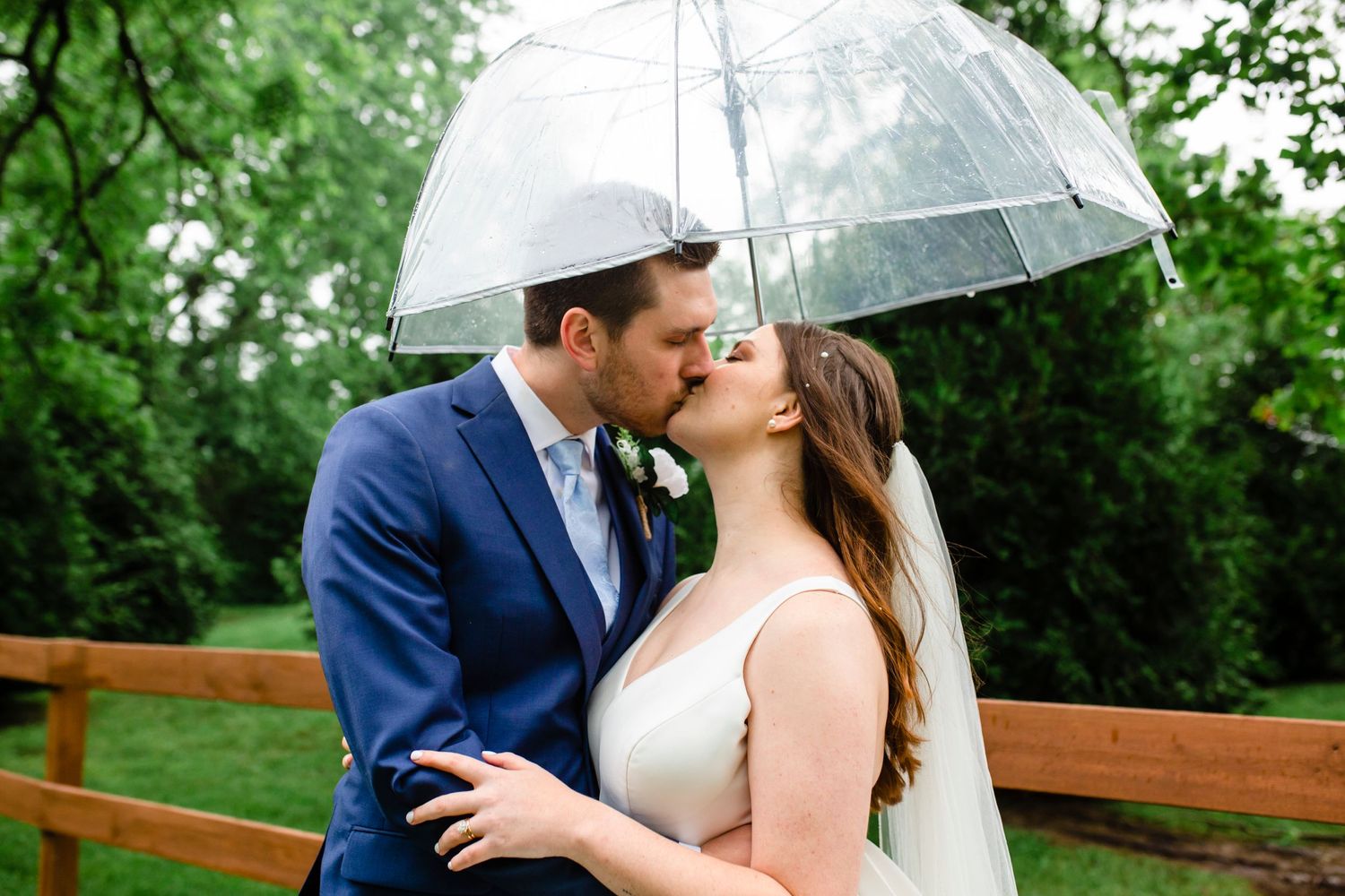 Couple shares romantic moment under clear umbrella in garden setting.