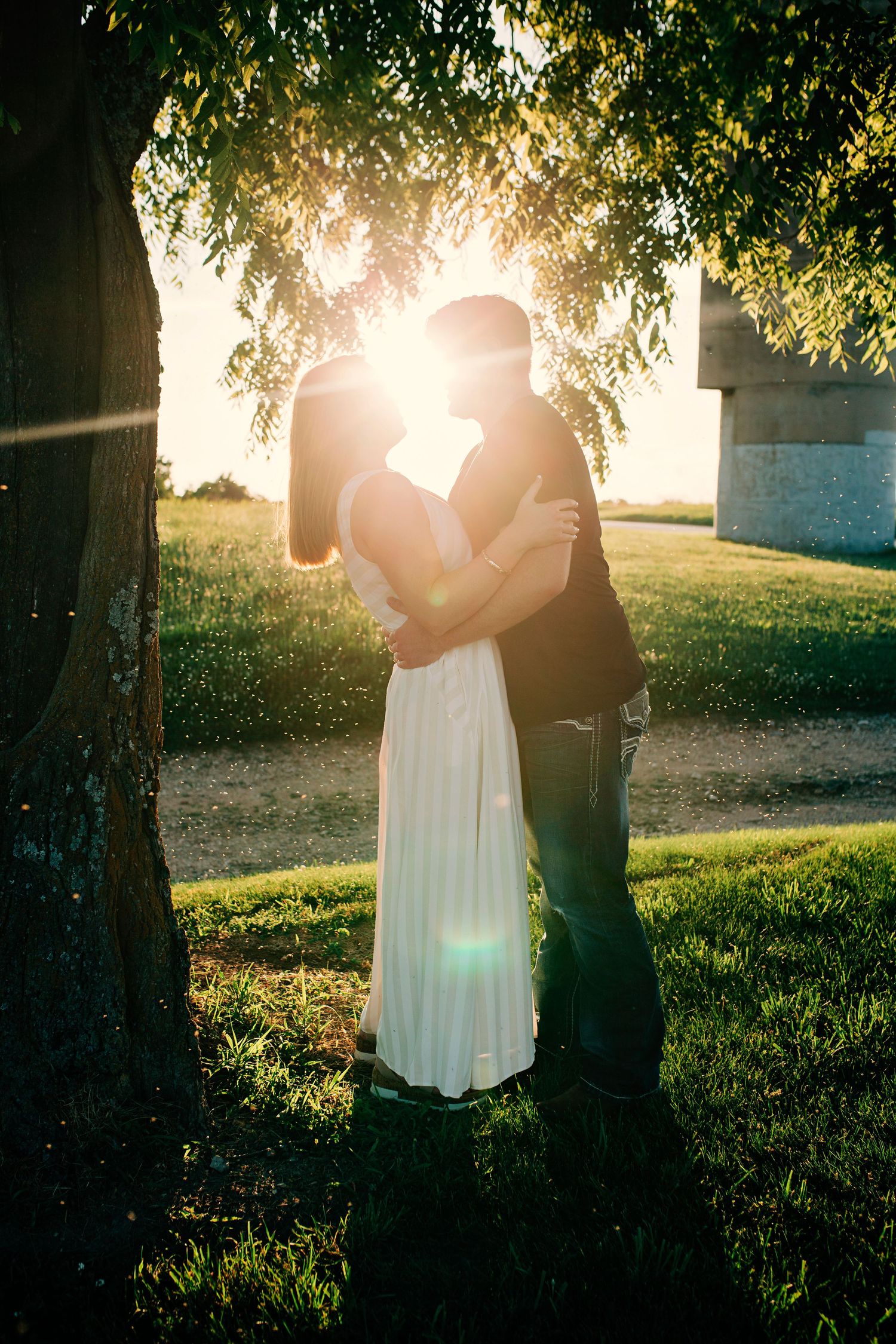 Silhouetted couple embracing under tree branches with golden sunlight streaming through leaves at sunset.