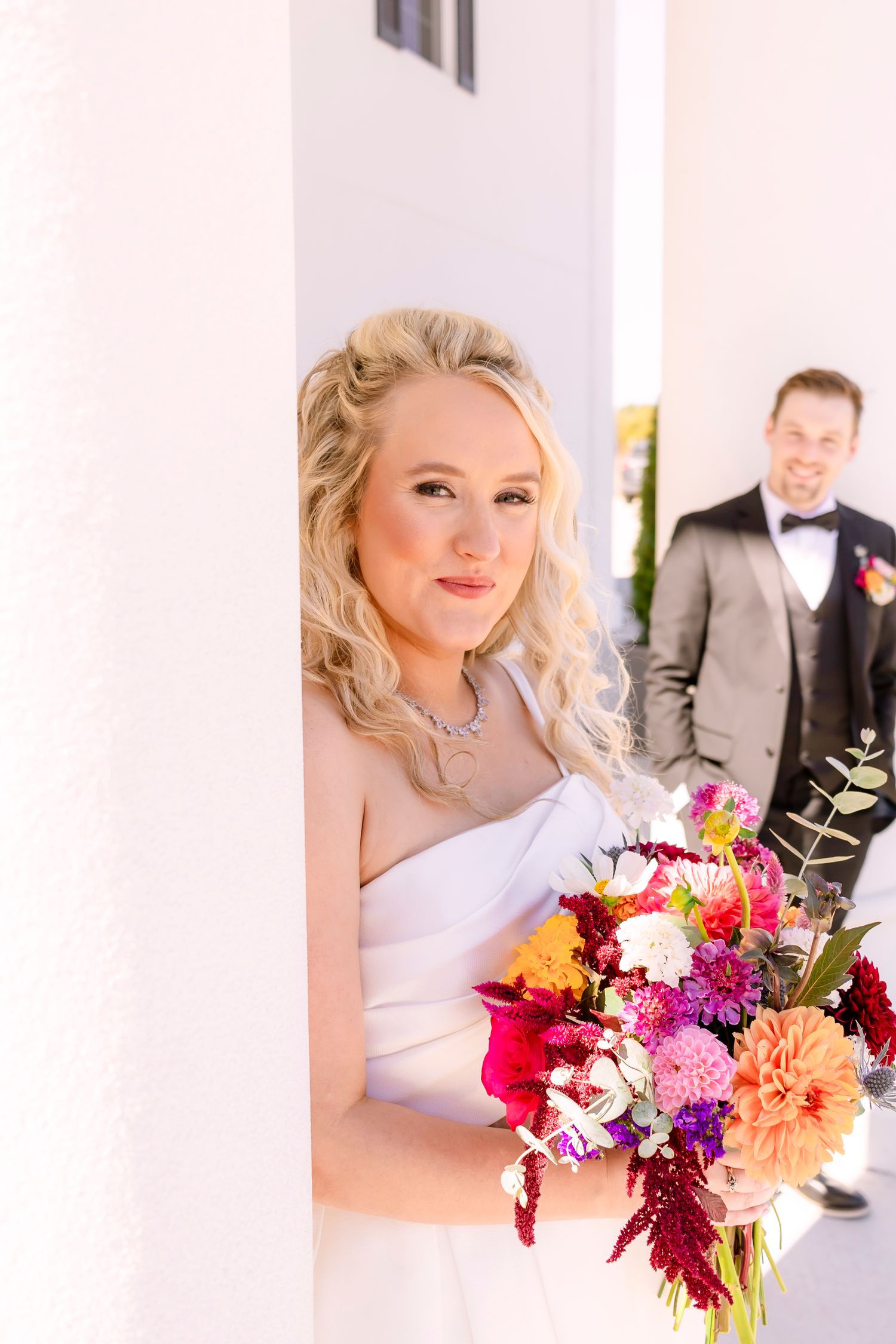 Bride waiting for the wedding to start outside of Southern Charm Estates in Mount Vernon Missouri