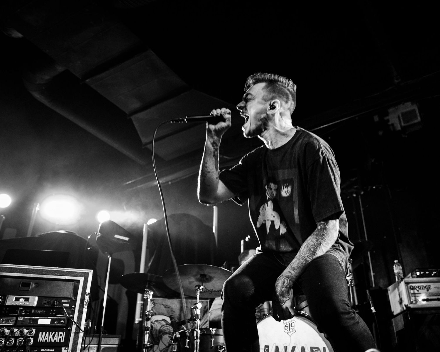 Black and white photos of musicians performing on stage with dramatic lighting and guitar amplifiers in the background.