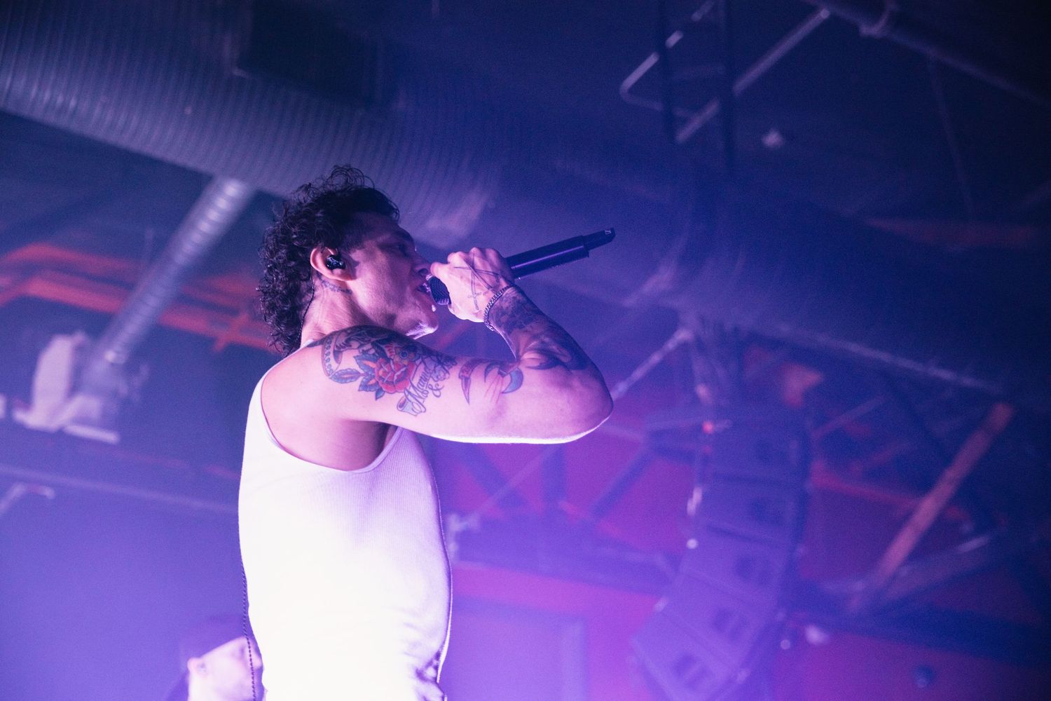 Concert performers on stage bathed in dramatic purple lighting while entertaining an enthusiastic crowd.