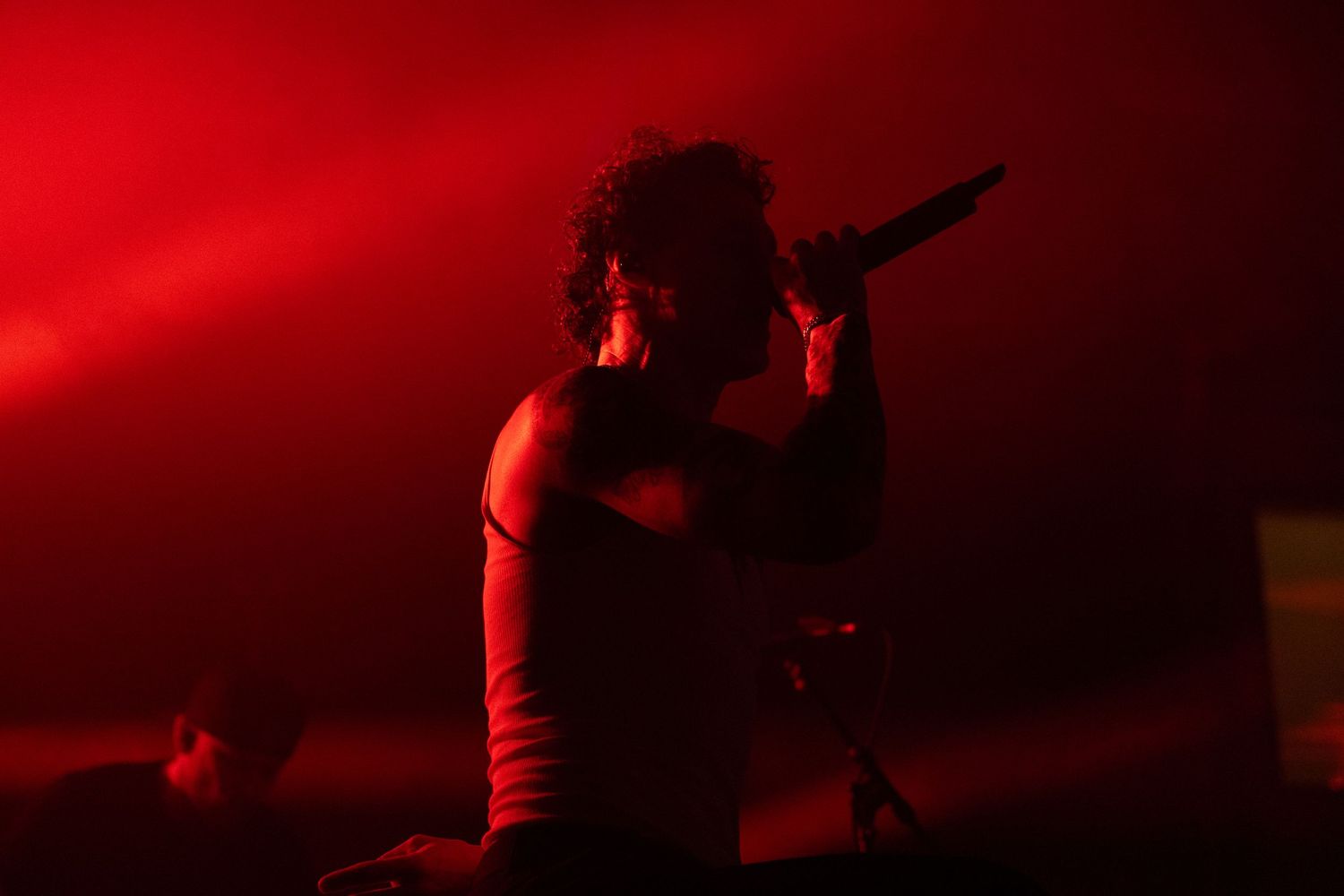 Concert performance captured with intense red lighting creating a dramatic silhouette effect on stage.