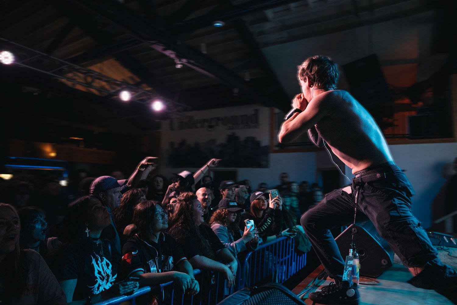 Energetic performer on stage during a concert with blue lighting while crowd reaches up from below.