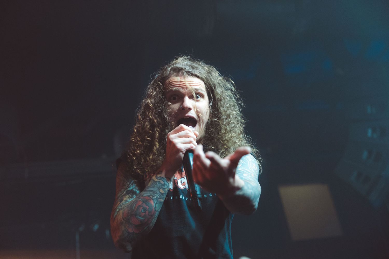 A collage of concert performance shots showing a vocalist singing emotionally into a microphone on a darkly lit stage.