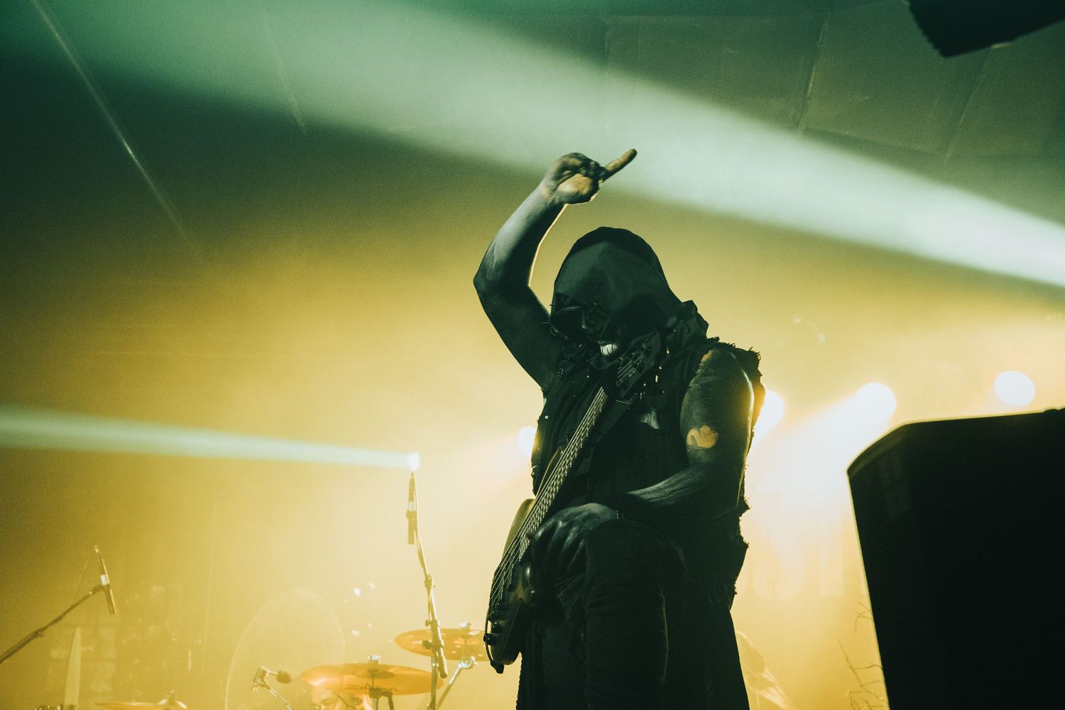 Concert crowd silhouettes with raised hands against green and yellow lighting during live music performance.