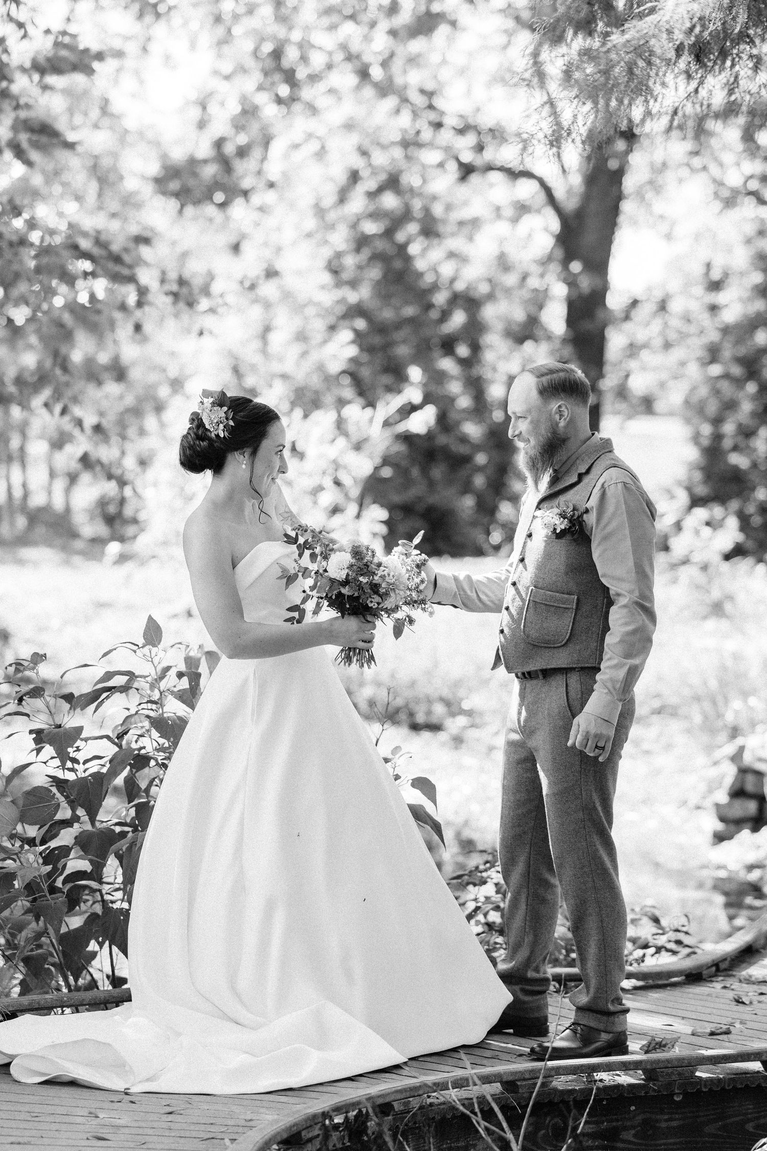A romantic wedding photo series showing a couple in a white dress and suit sharing moments in a sunlit outdoor setting.