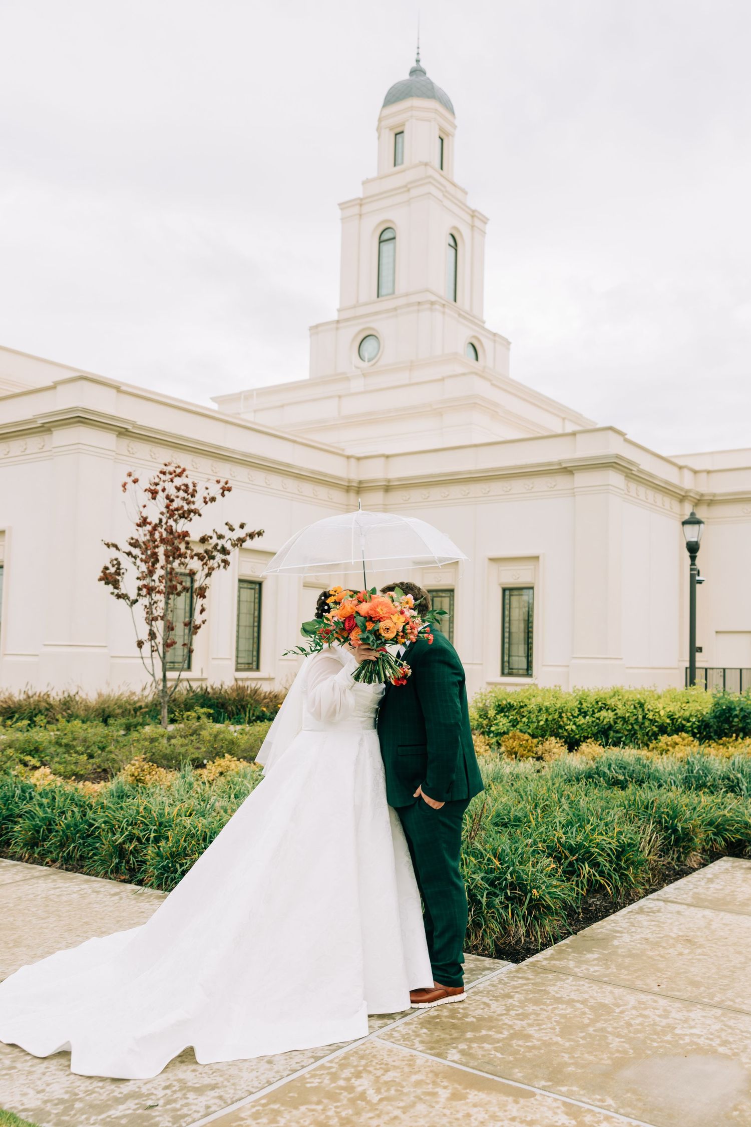 A series of wedding photos showing a couple in front of a white church building with a domed tower.