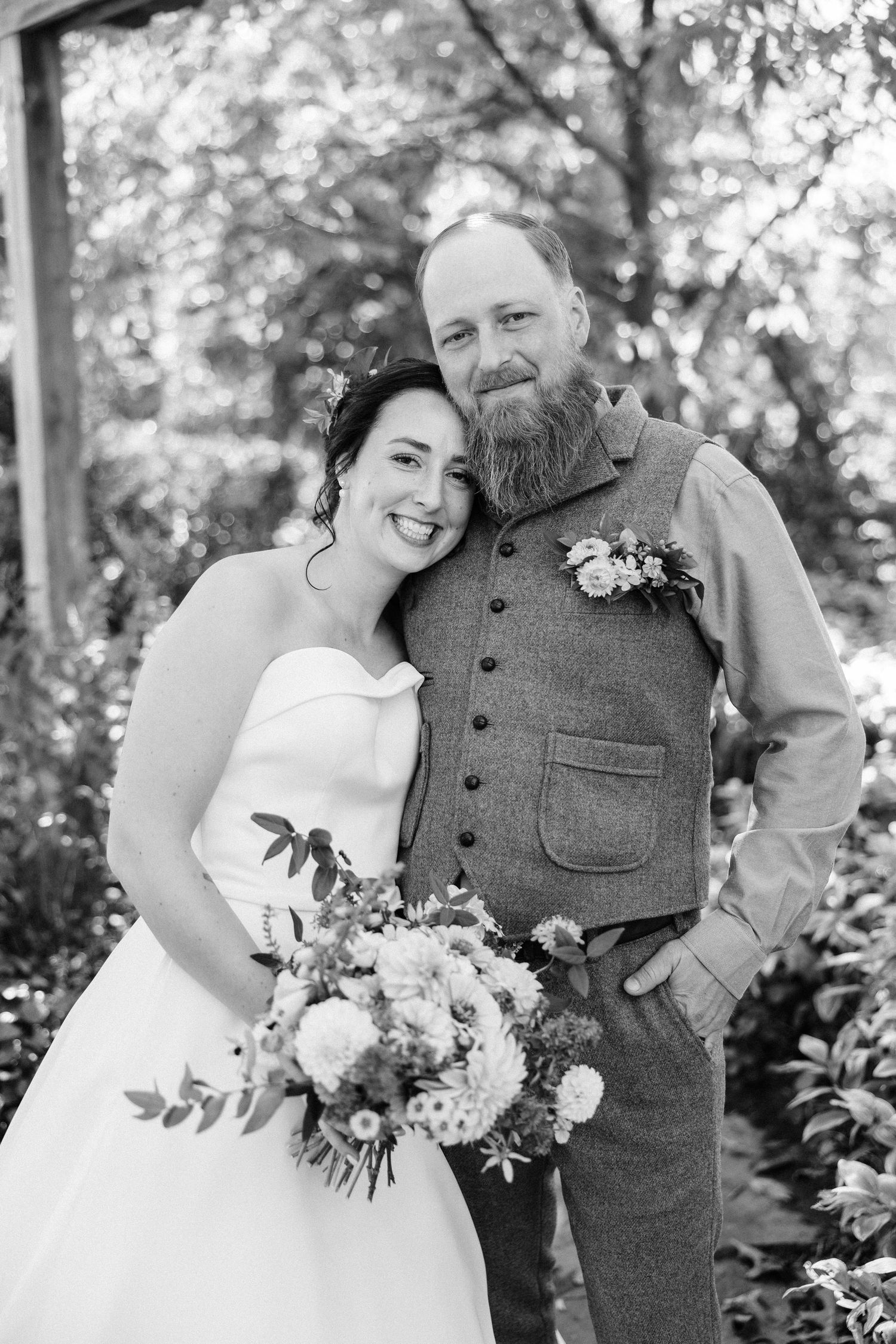 Series of candid wedding portraits showing tender moments between newlyweds in a garden setting.