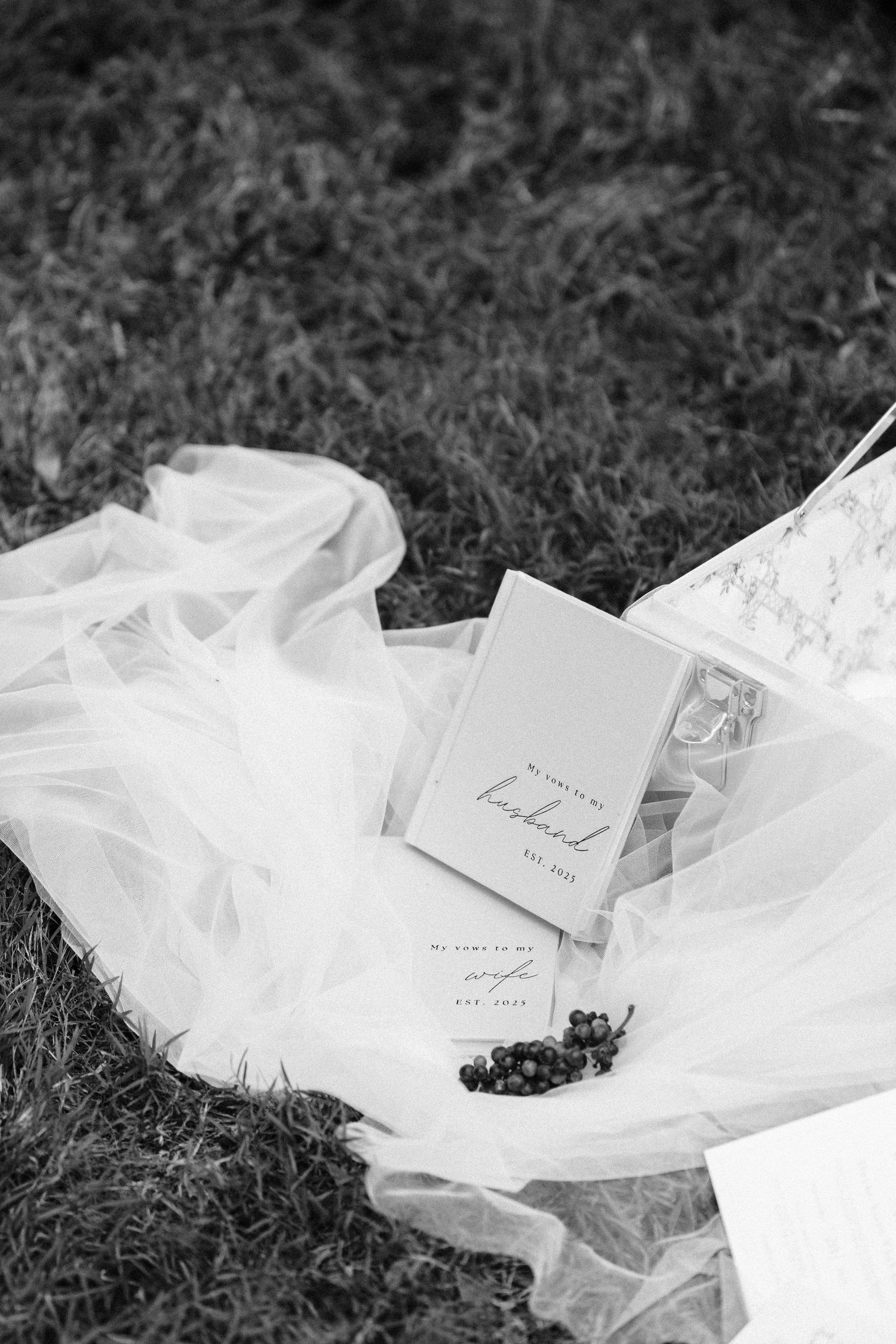 A delicate white tulle veil draped across grass creates an ethereal bridal scene in black and white.