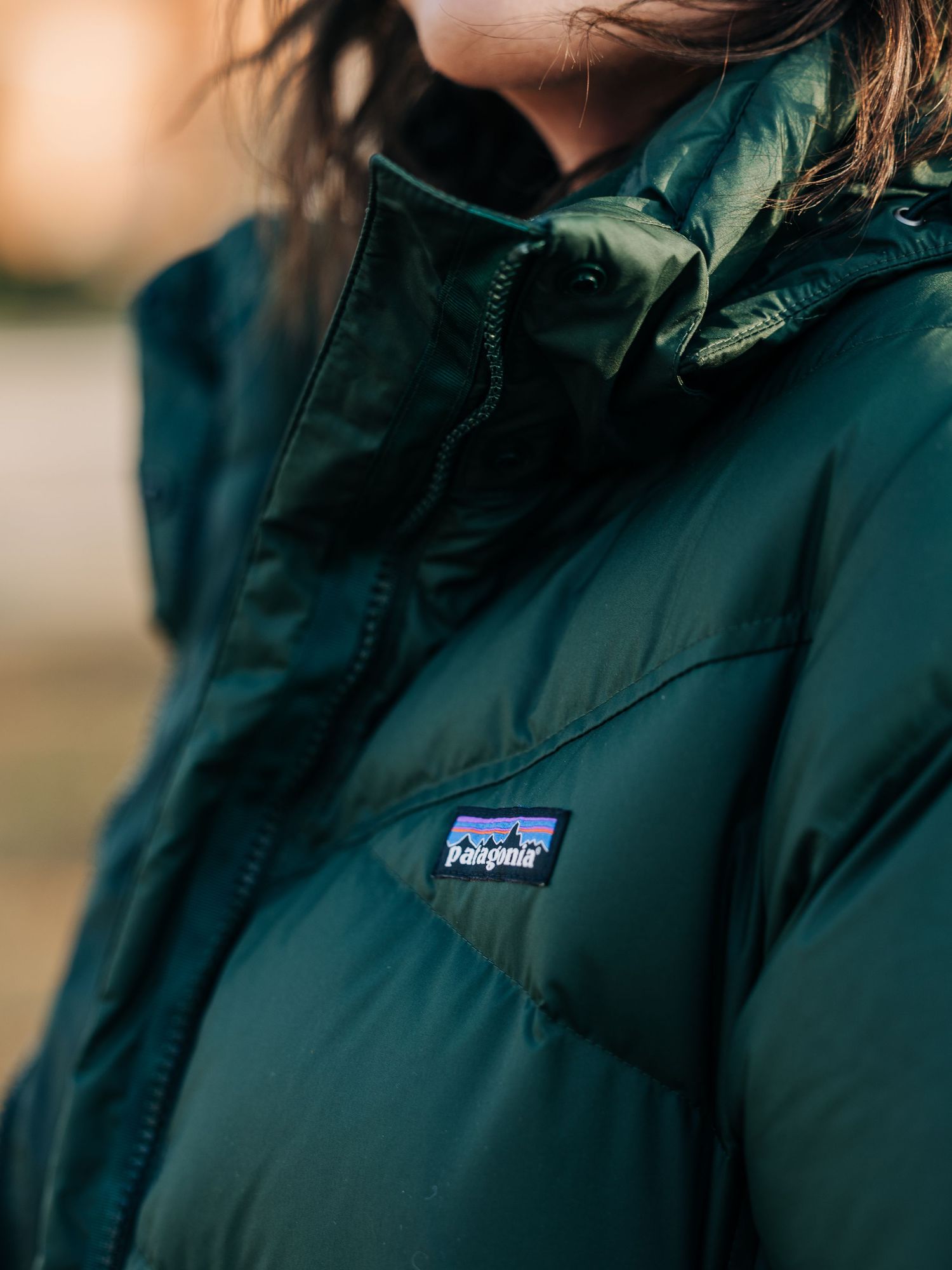 Close-up view of a dark green Patagonia logo patch on a winter jacket showing the iconic mountain silhouette design.