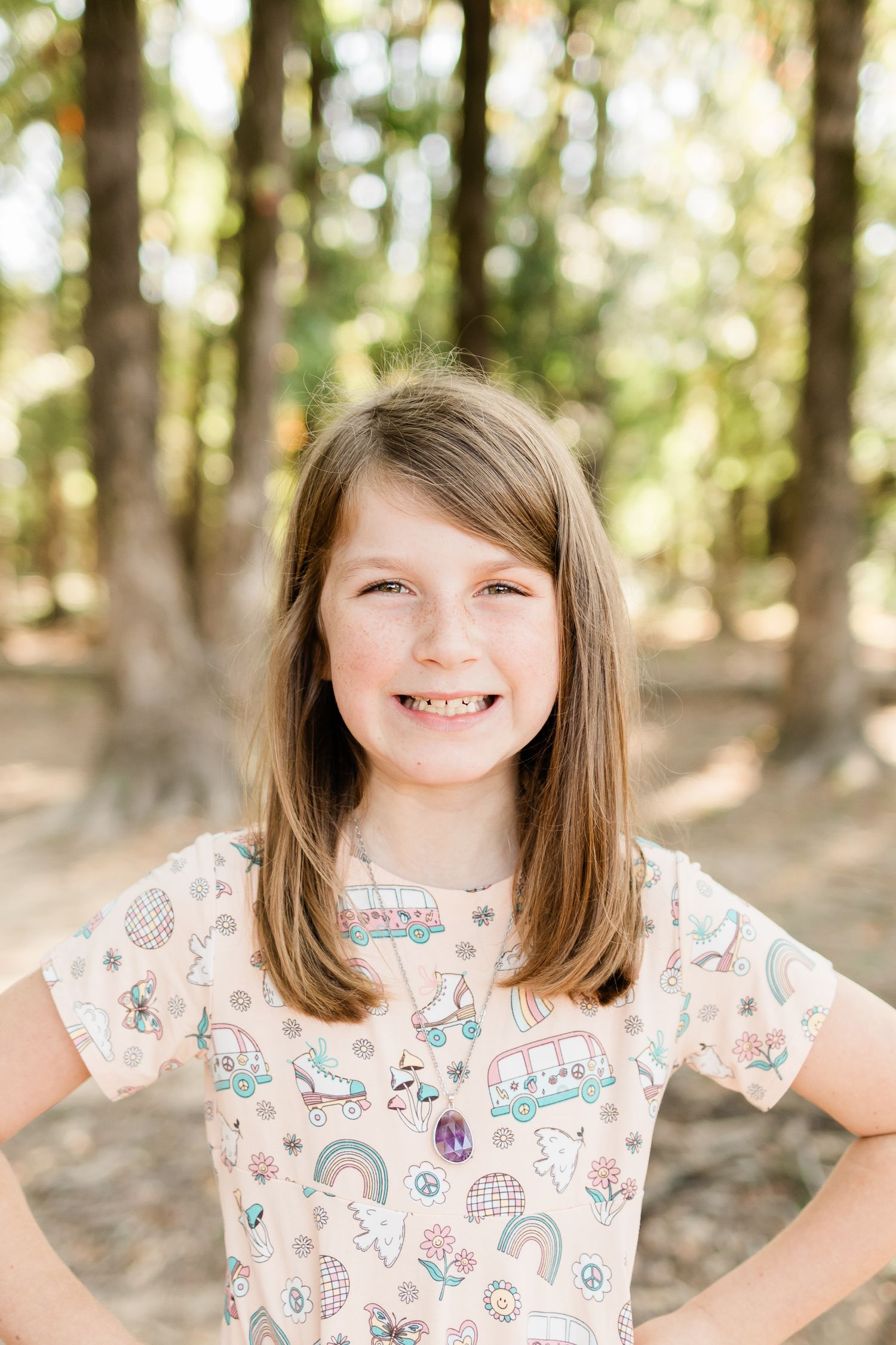 A triptych of photos showing a child in a floral print dress standing in a sunlit forest setting.