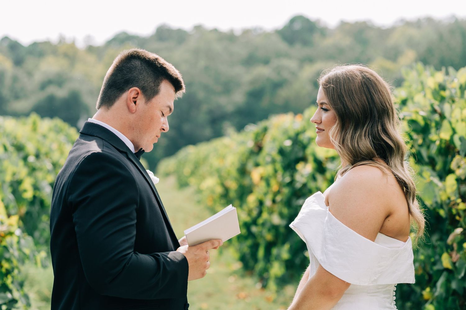 Newlyweds share intimate moments in a scenic vineyard during their wedding photoshoot at sunset.