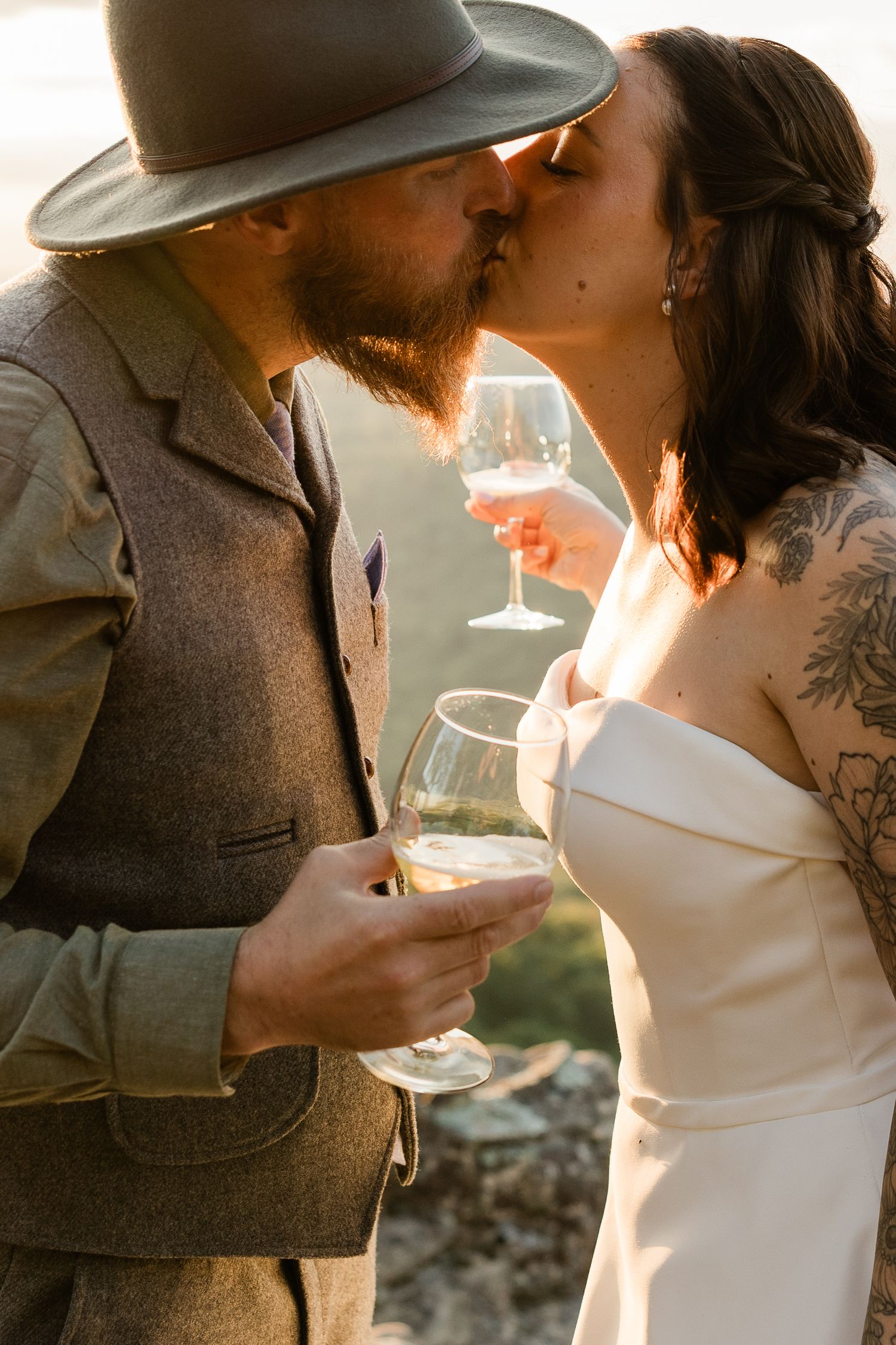 A romantic sequence of wedding photos showing intimate moments between a couple during their outdoor ceremony.