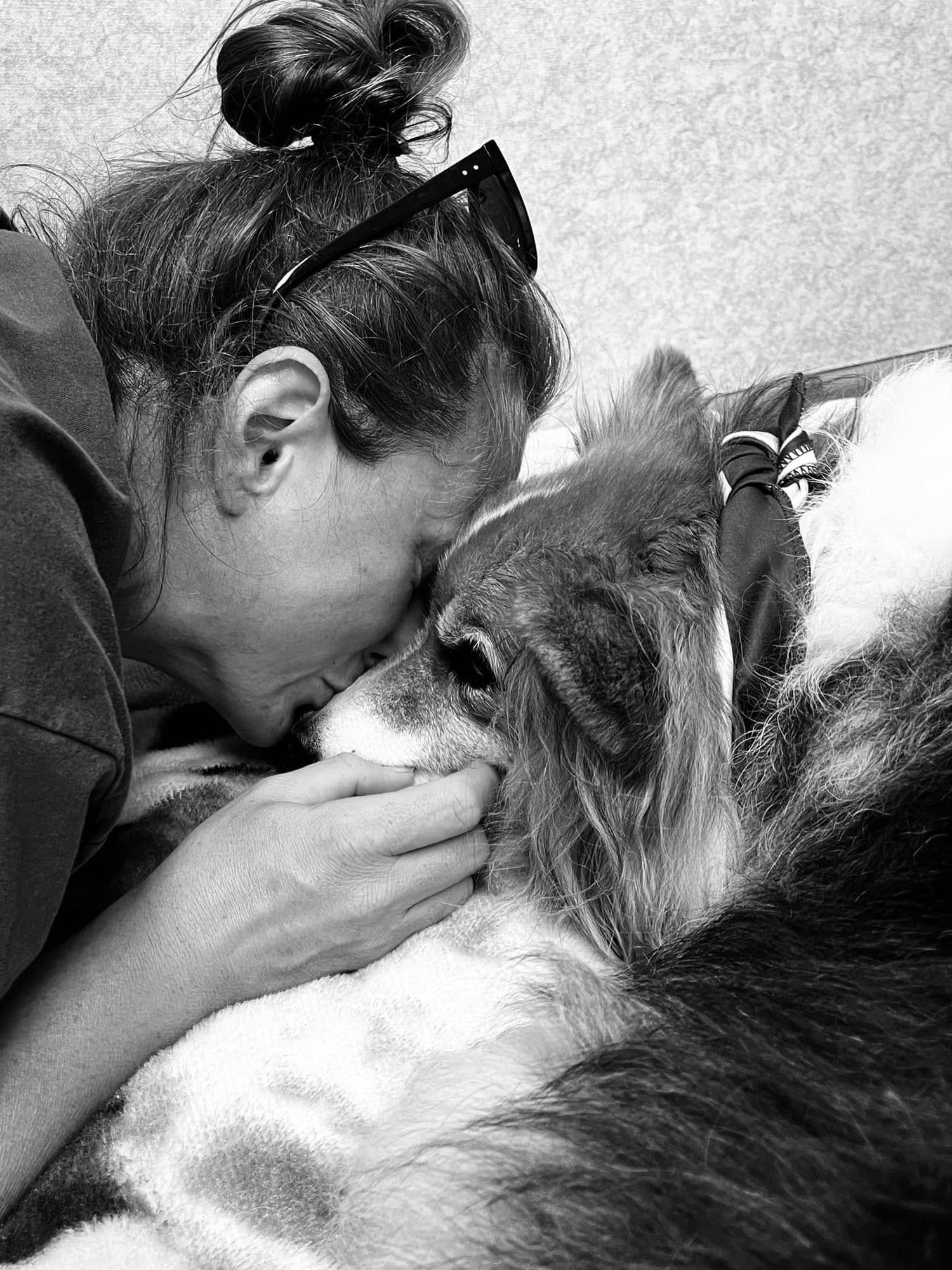 A person shares tender moments kissing a fluffy cat in a series of black and white photographs.