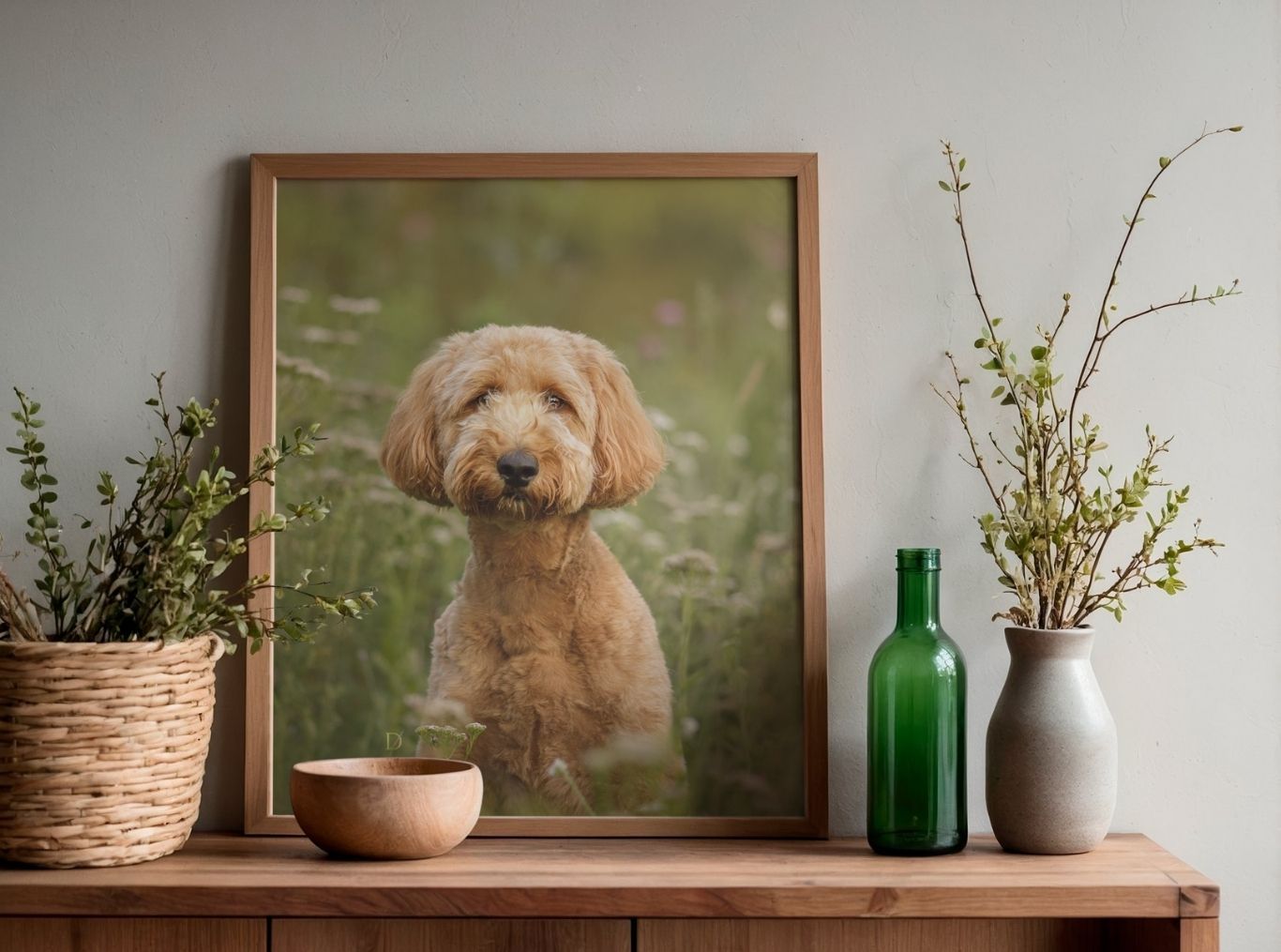 A rustic wooden shelf displays vintage glass bottles, woven baskets, ceramic vases and framed dog portrait in earth tones.
