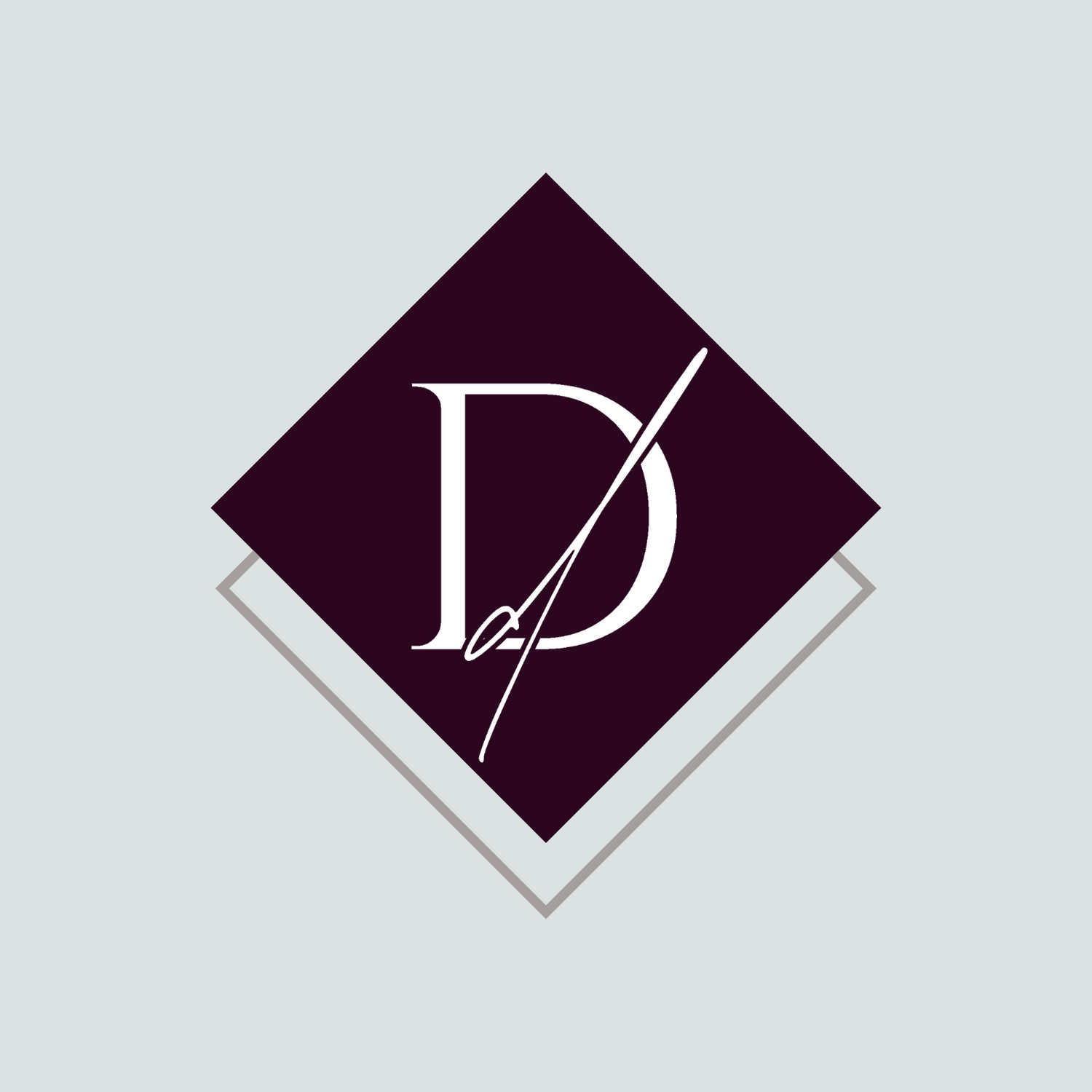 Modern minimalist logo design with overlapping D and P letters in white on a dark purple diamond shape background.