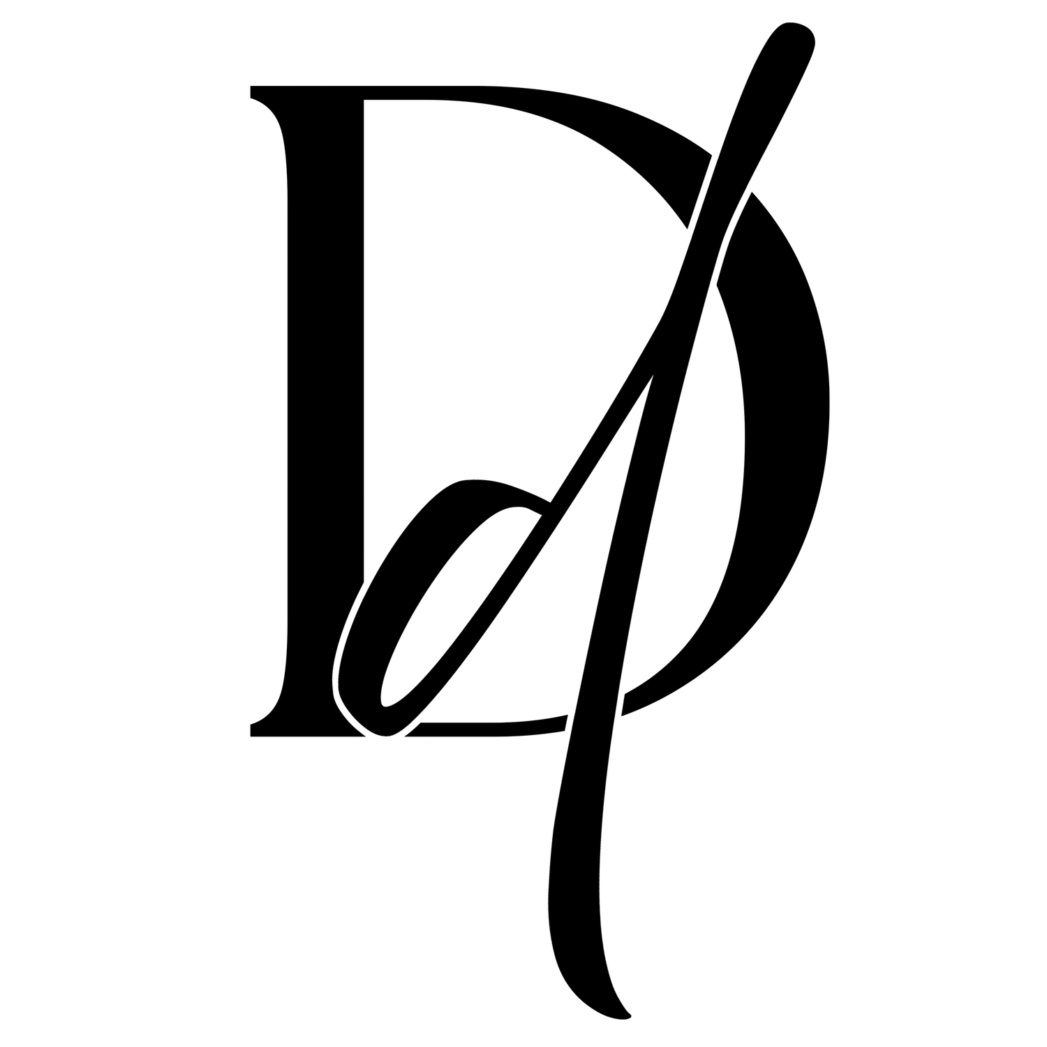 Black and white monogram logo featuring intertwined letters D and P with an elegant pen or brush design.