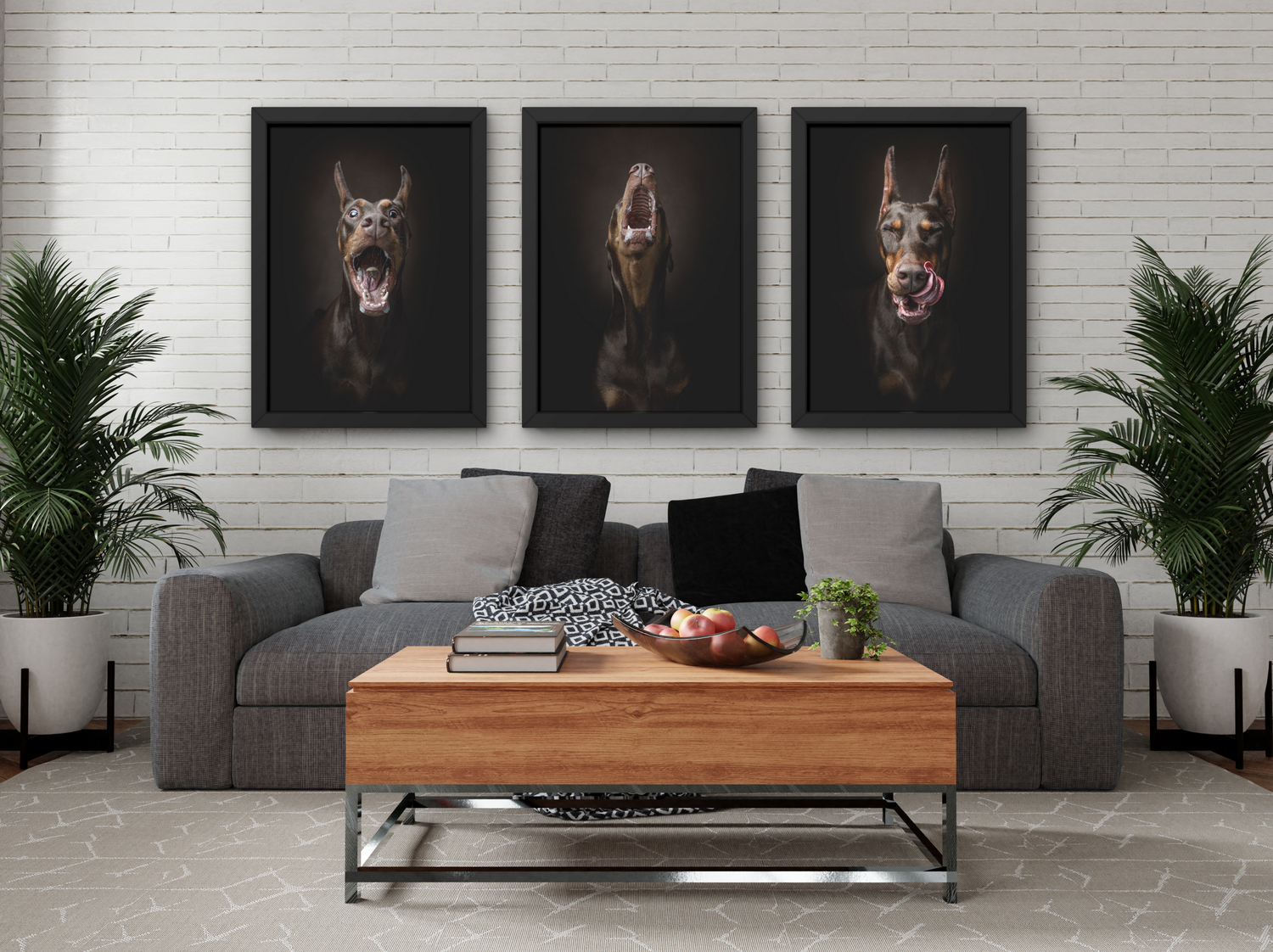 A series of modern living room photos showing gray sofas, wooden coffee tables, and decorative wall art.