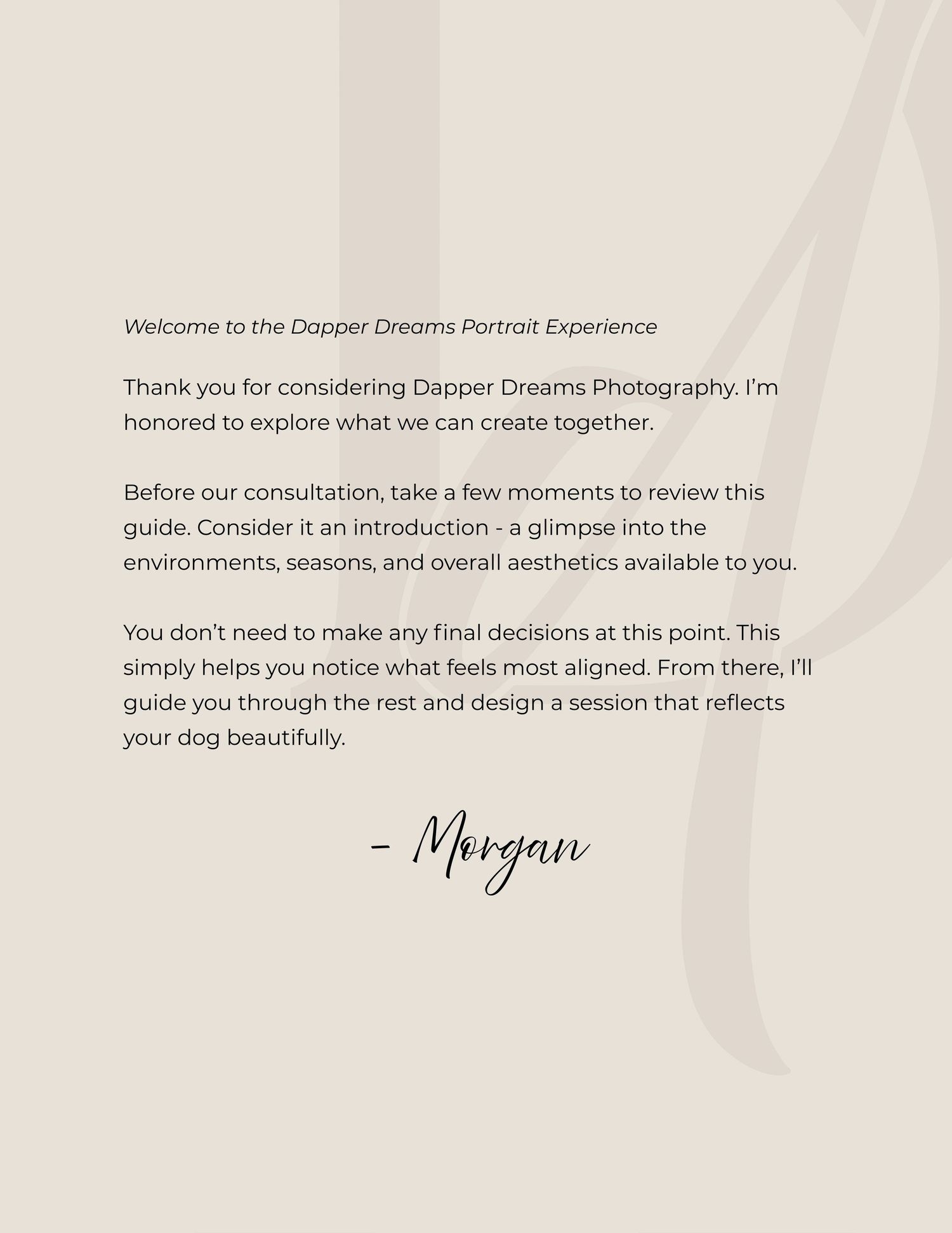 Welcome text and signature on a neutral beige background introducing Dapper Dreams photography services.