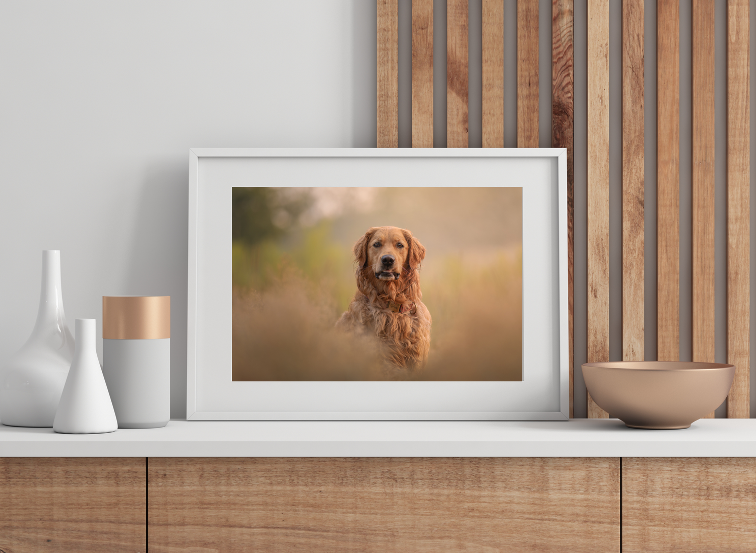 A framed photograph of a golden retriever dog sits on a wooden shelf with white vases and copper accents.
