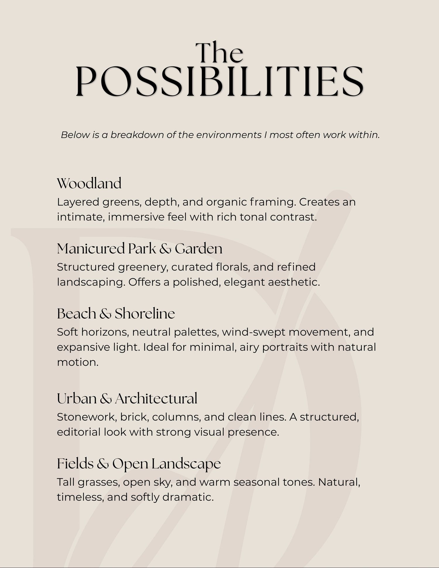A minimalist typography layout showing different environmental categories like Woodland, Beach, and Urban with descriptive text.
