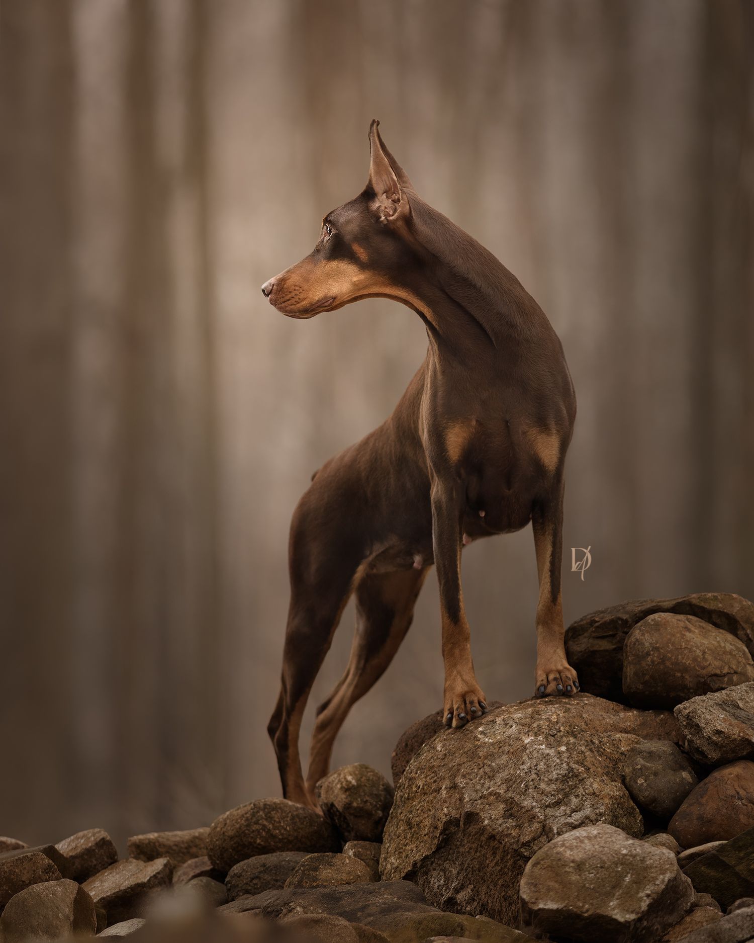 A regal Doberman Pinscher stands proudly on rocks in a misty forest, showcasing its sleek brown and tan coat.