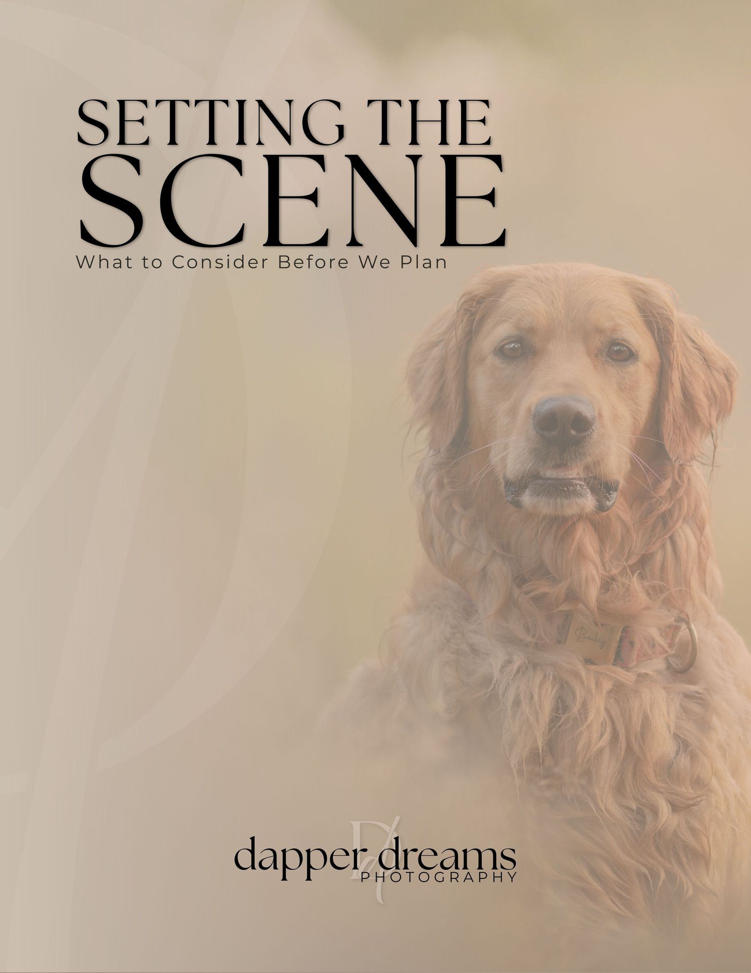A golden retriever dog with flowing fur is shown in a soft-focus sepia-toned portrait photograph.