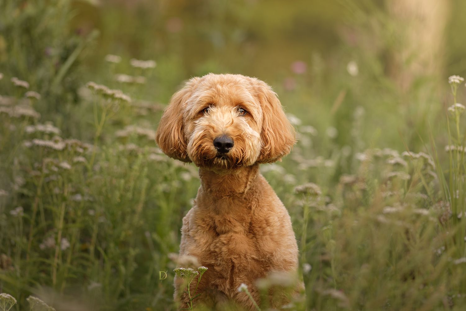 A fluffy golden Cockapoo dog sitting in a lush green meadow with wildflowers on a warm sunny day.