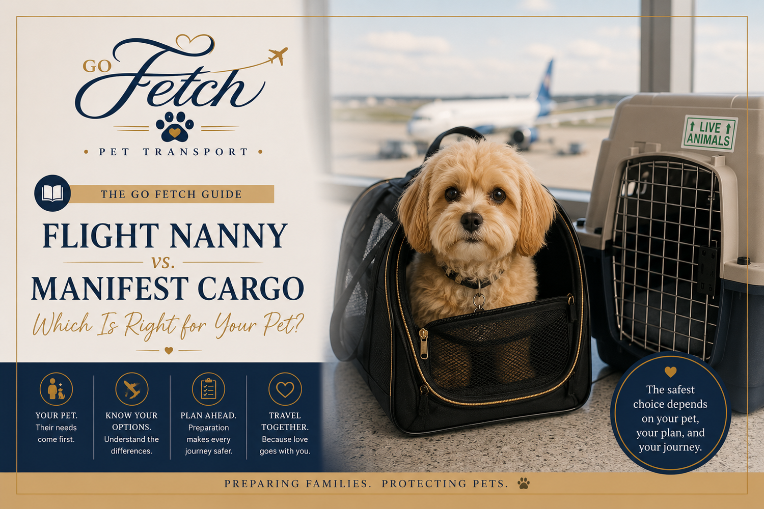 Go Fetch Pet Transport guide comparing flight nanny vs manifest cargo options, featuring an adorable dog in a pet carrier at an airport.