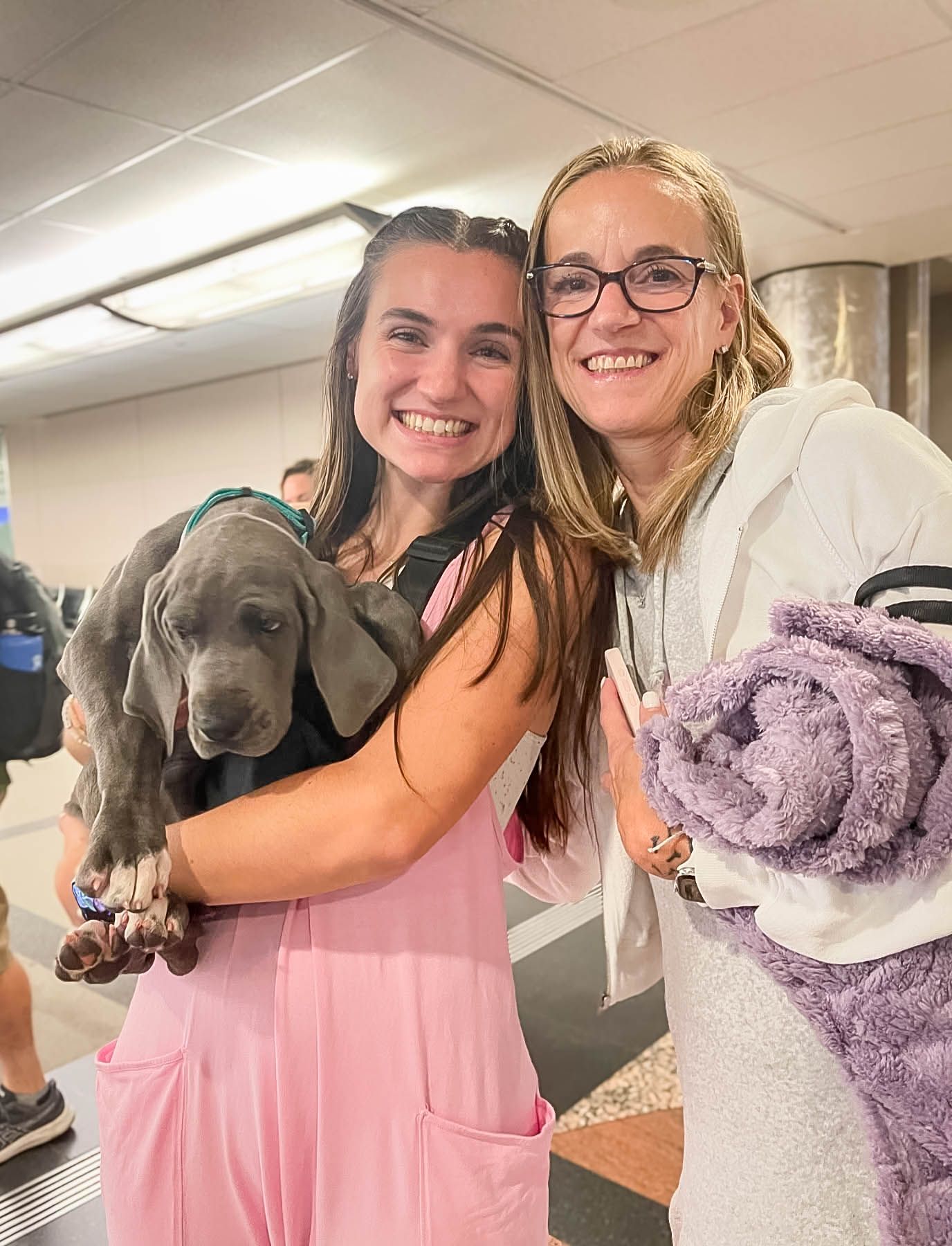 Two smiling women at an airport holding a gray Weimaraner puppy with a purple blanket.