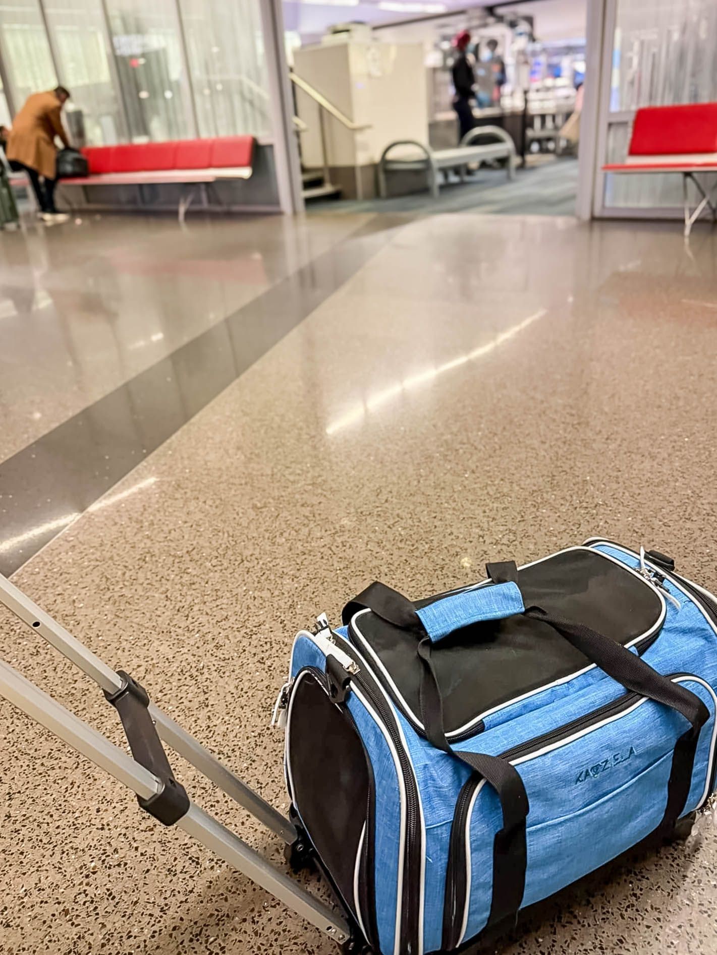 Blue pet travel carrier bag on airport terminal floor with seating area in background.