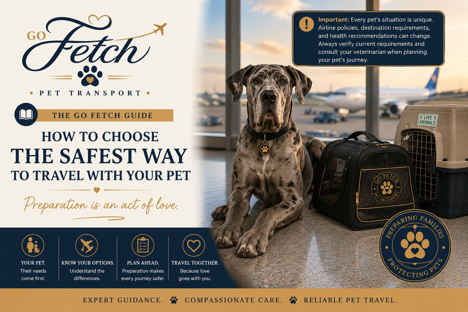 Go Fetch Pet Transport infographic guide showing a large dog near a pet carrier at an airport with travel safety tips.