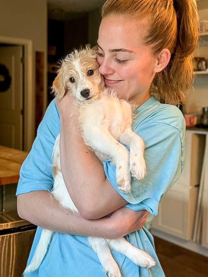 Young woman in blue shirt cuddling a small fluffy white puppy in a home kitchen.