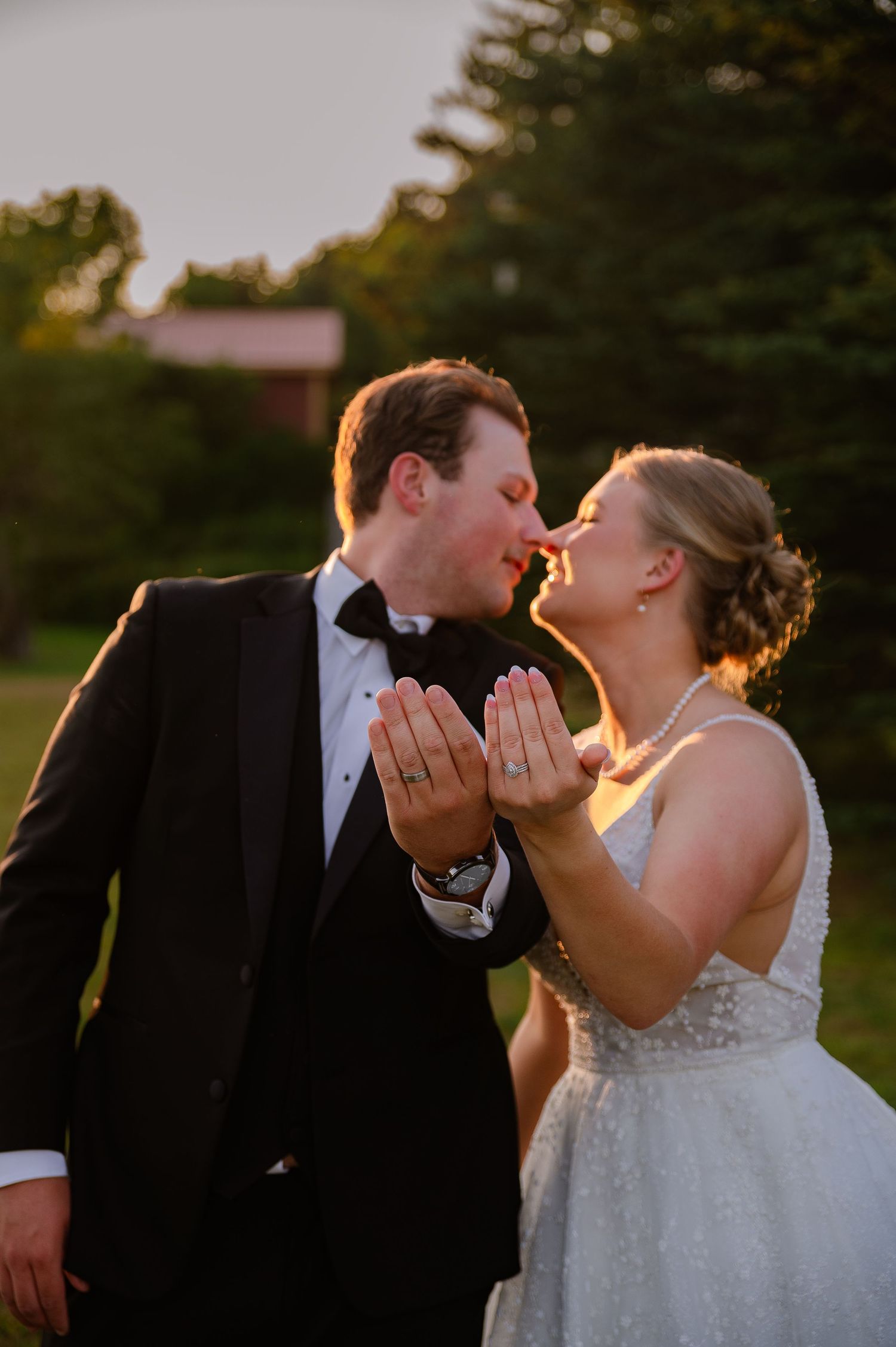 Romantic sunset wedding moment captured in a series of candid shots.