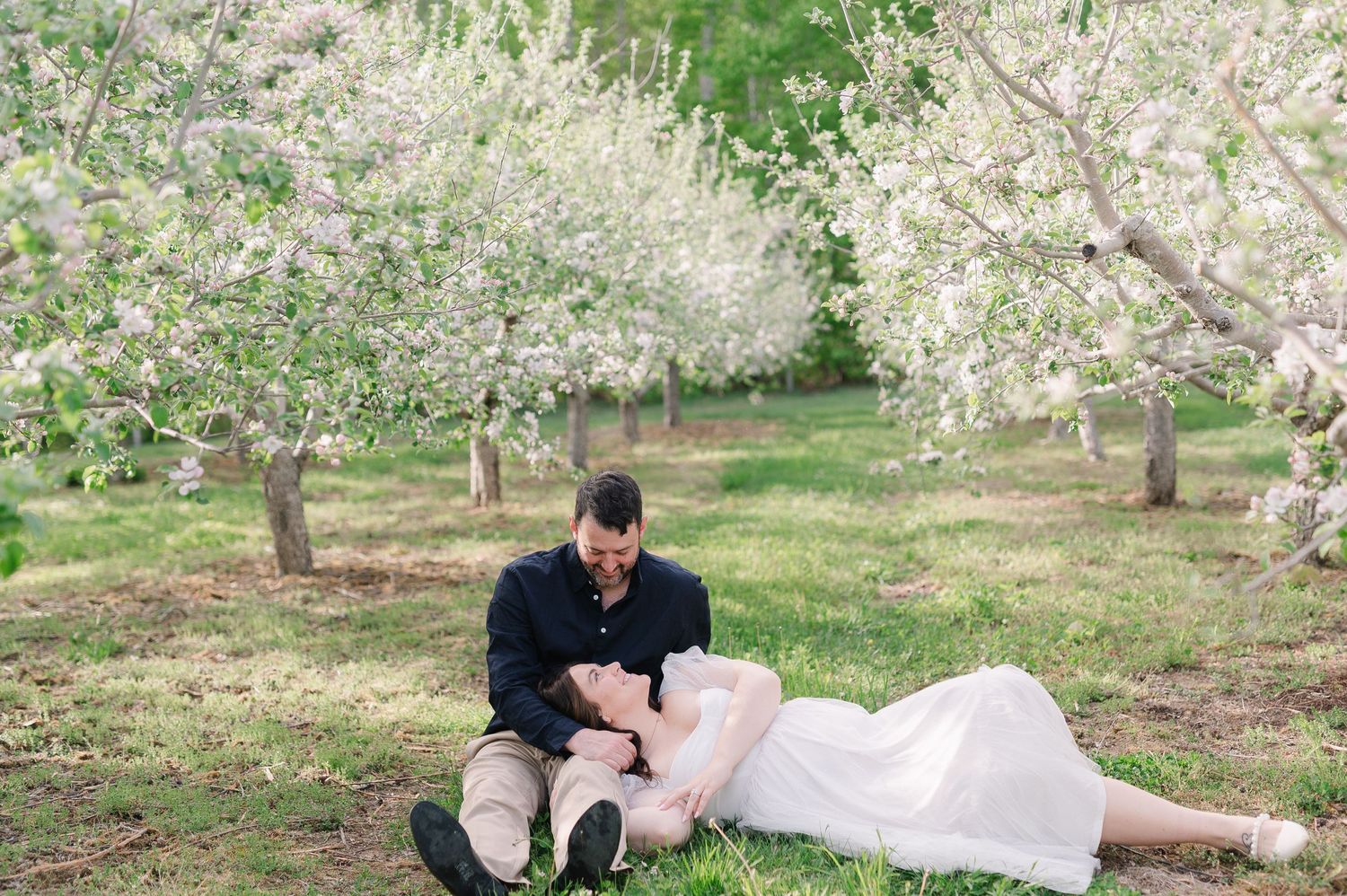 Romantic photoshoot sequence in an orchard with flowering trees.