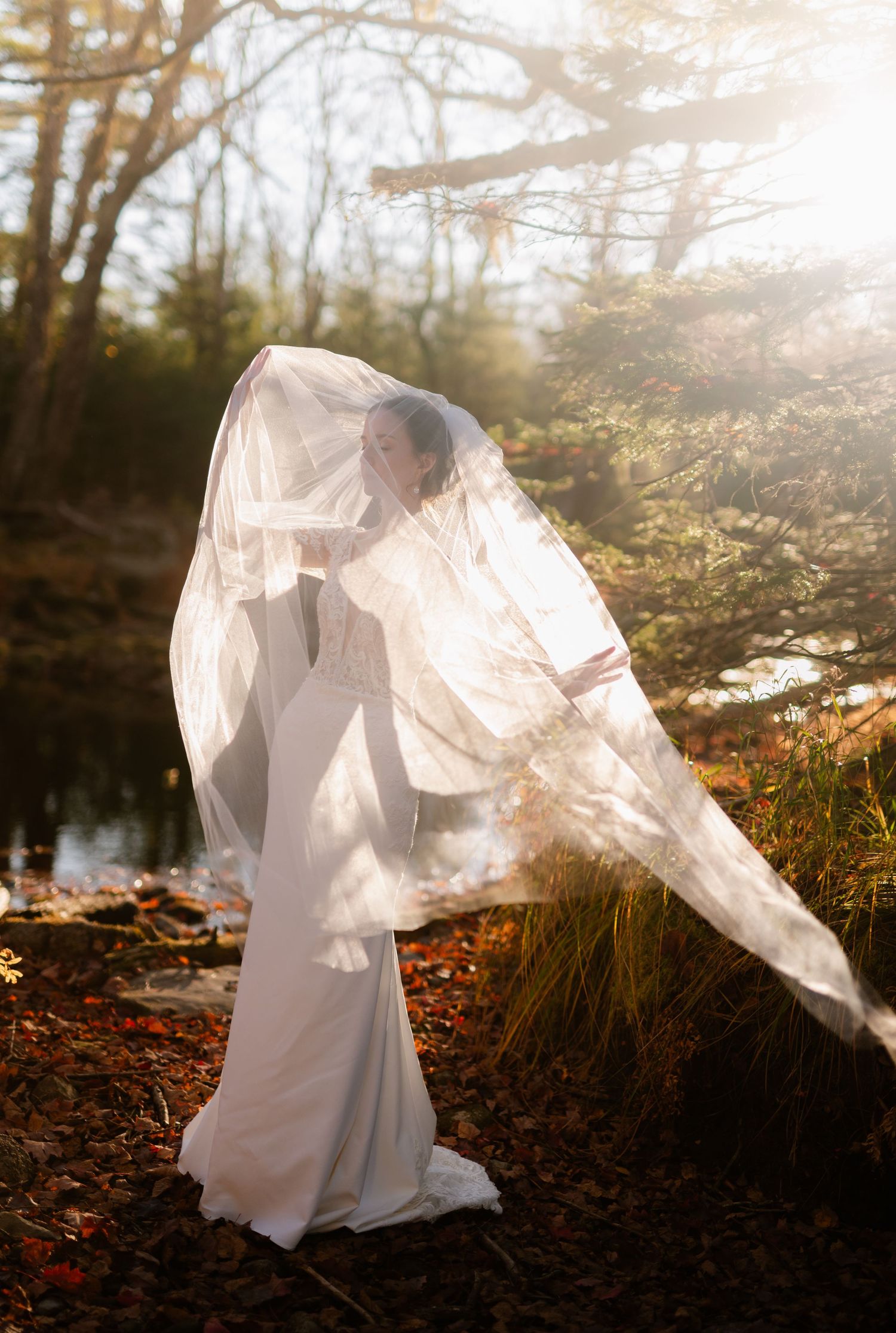 A flowing white wedding dress and veil caught in sunlit breeze against autumn forest backdrop.