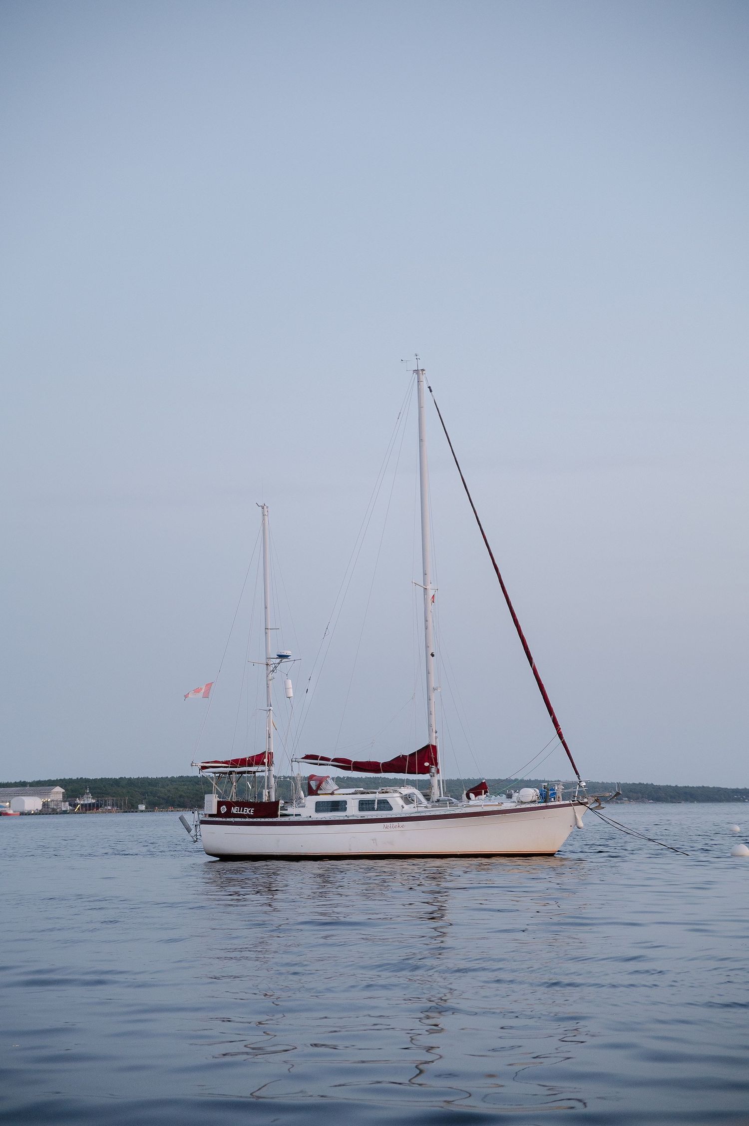 Serene seascape with several sailboats anchored in calm waters during twilight.