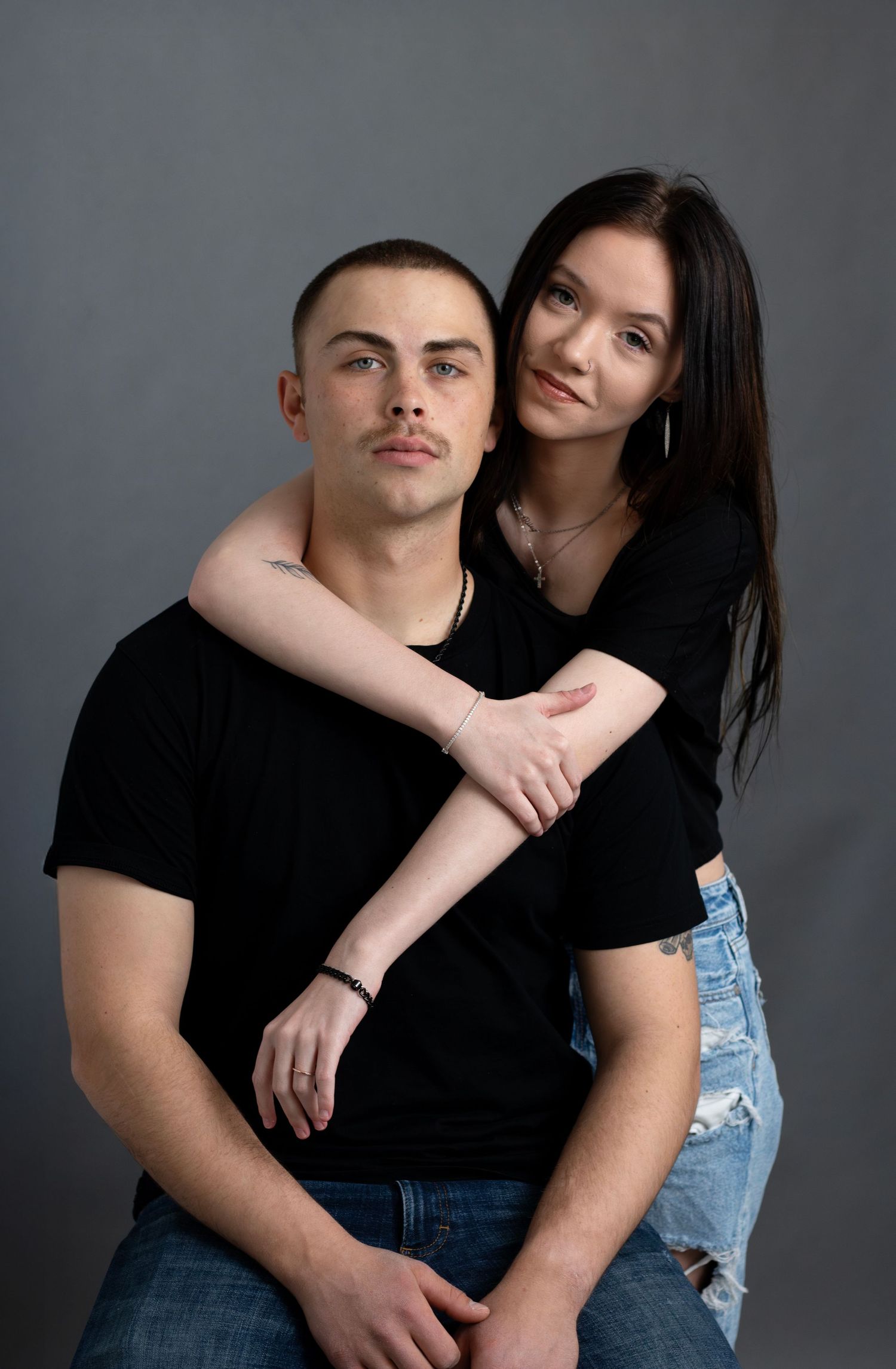 Sioux Falls Studio editorial couples portrait, professional indoor photography highlighting connection and personalities of engaged couple