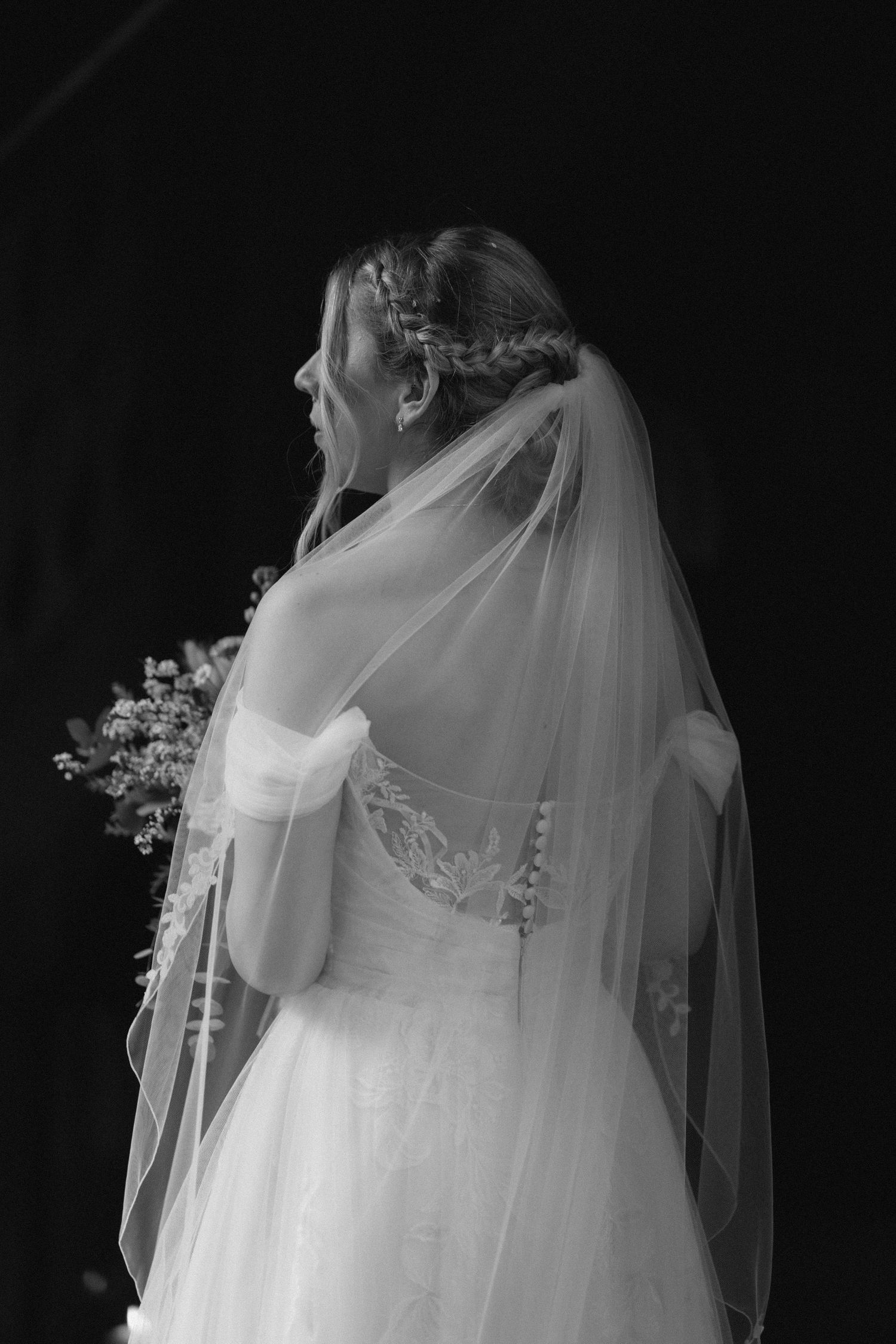 Classic black and white bridal portrait showcasing a detailed veil and wedding dress at Shustoke Barn.