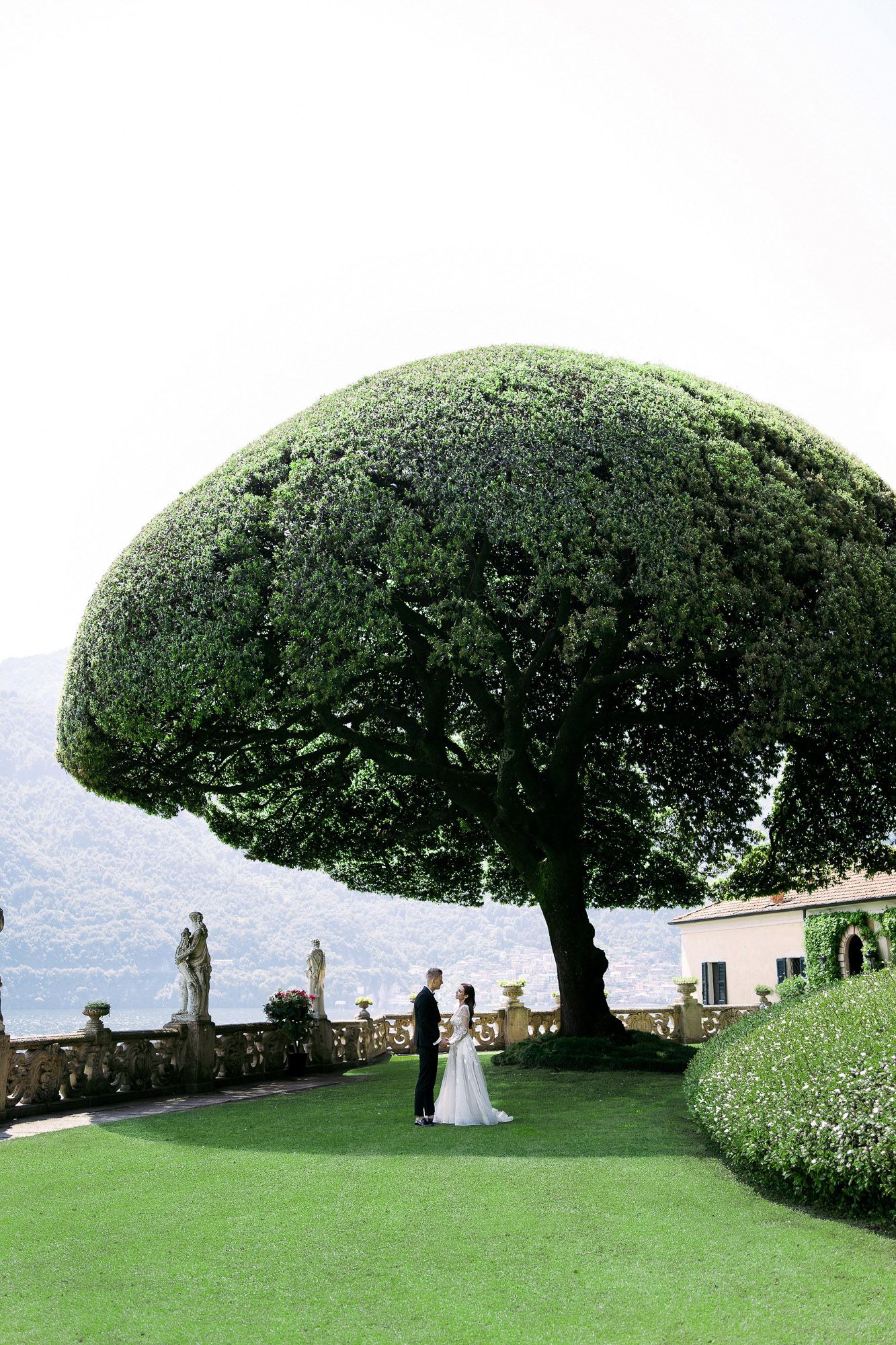 Wedding ceremony setup under manicured umbrella trees overlooking a scenic lake view at an elegant outdoor venue.