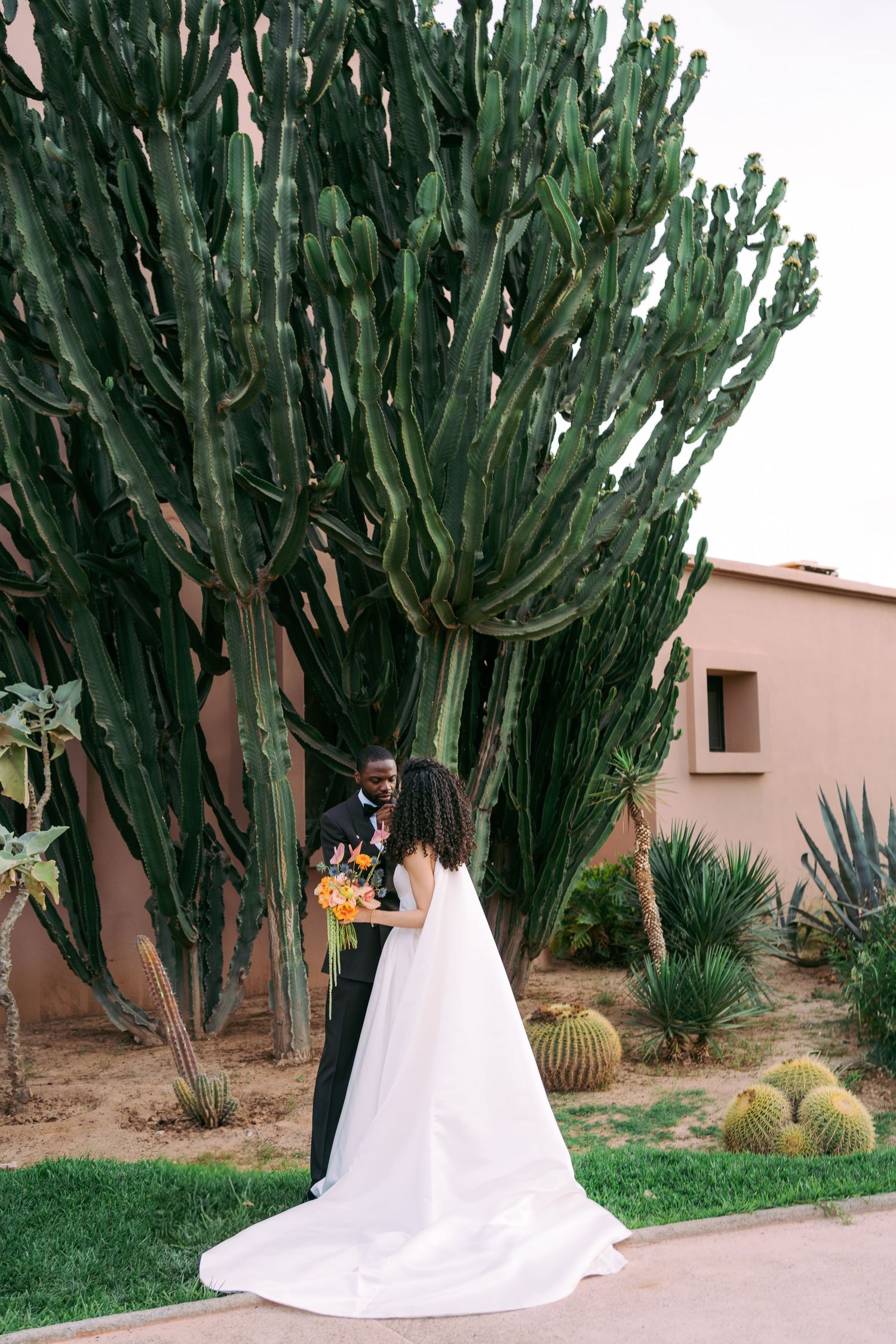 A wedding couple poses beneath tall desert cactus plants in a Southwestern garden setting.