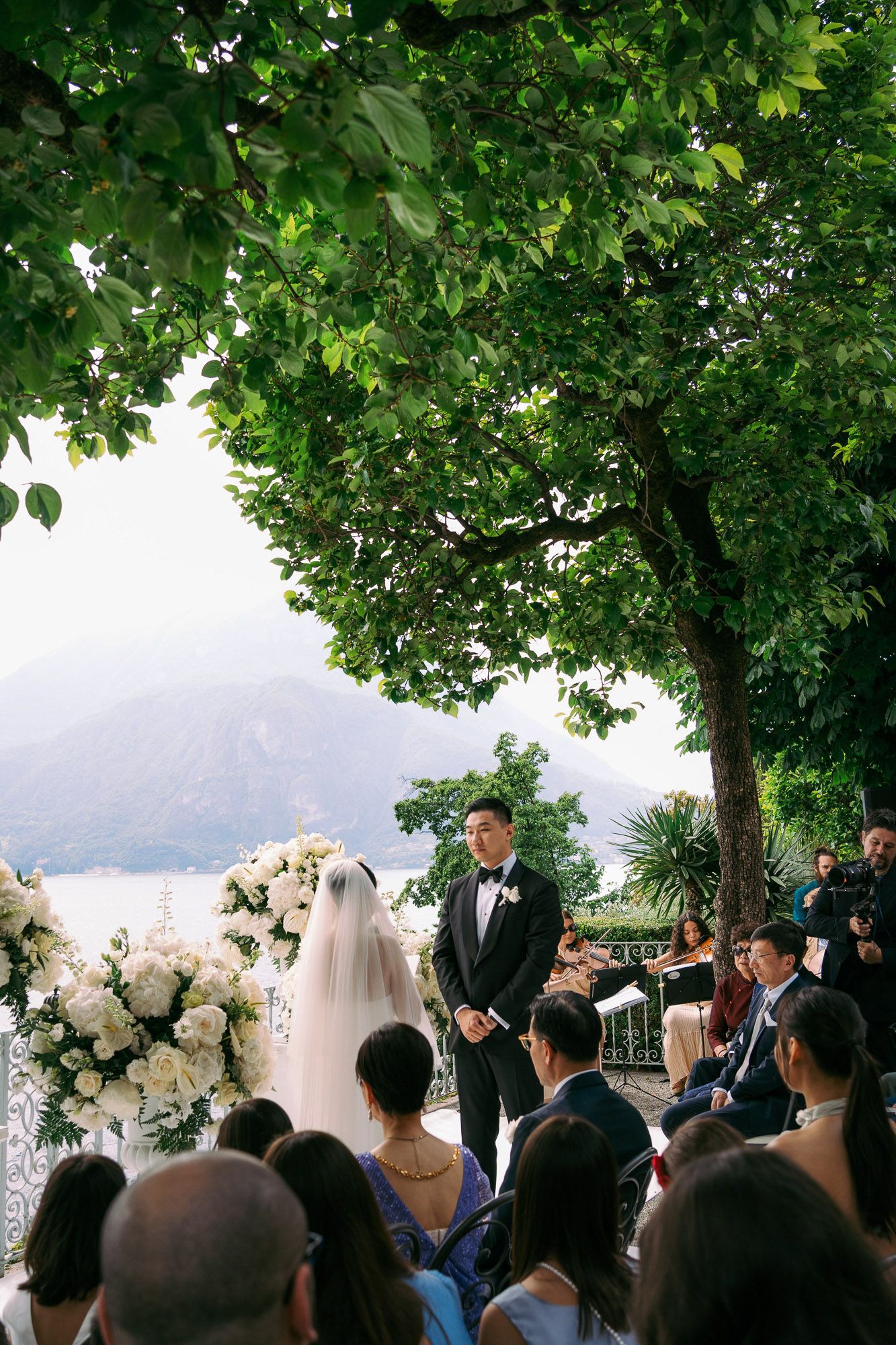 An outdoor wedding ceremony takes place under a lush green tree overlooking a scenic mountain lake landscape.